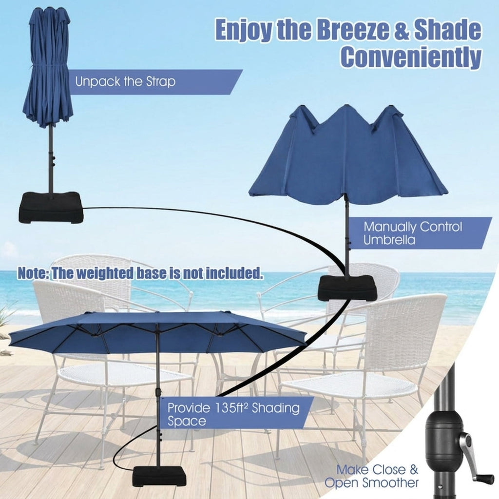 Biotree 15 ft Double-Sided Twin Patio Umbrella Crank Tilt Outdoor Shade - Blue - UV Protection with Cross Base