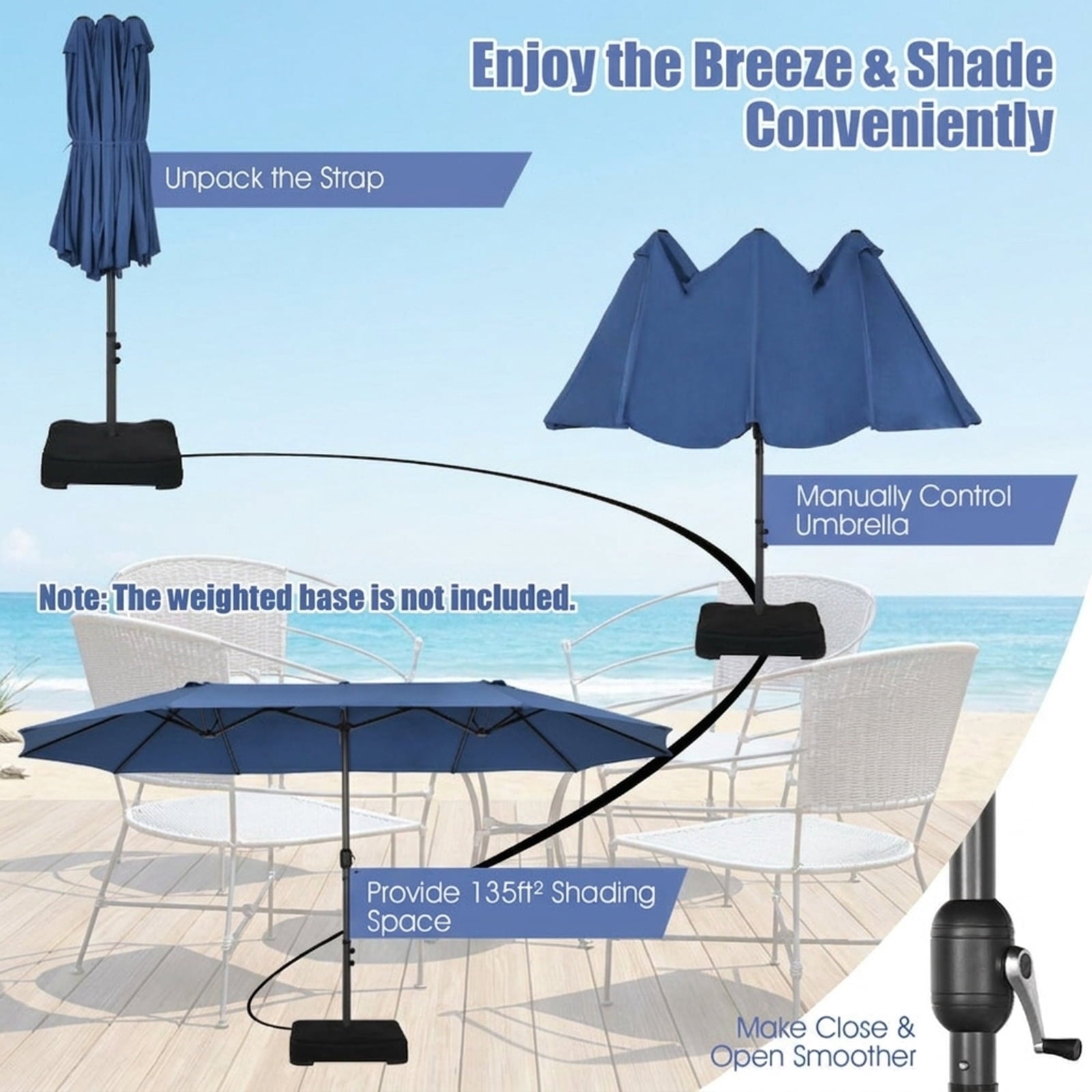 Biotree 15 ft Double-Sided Twin Patio Umbrella Crank Tilt Outdoor Shade - Blue - UV Protection with Cross Base