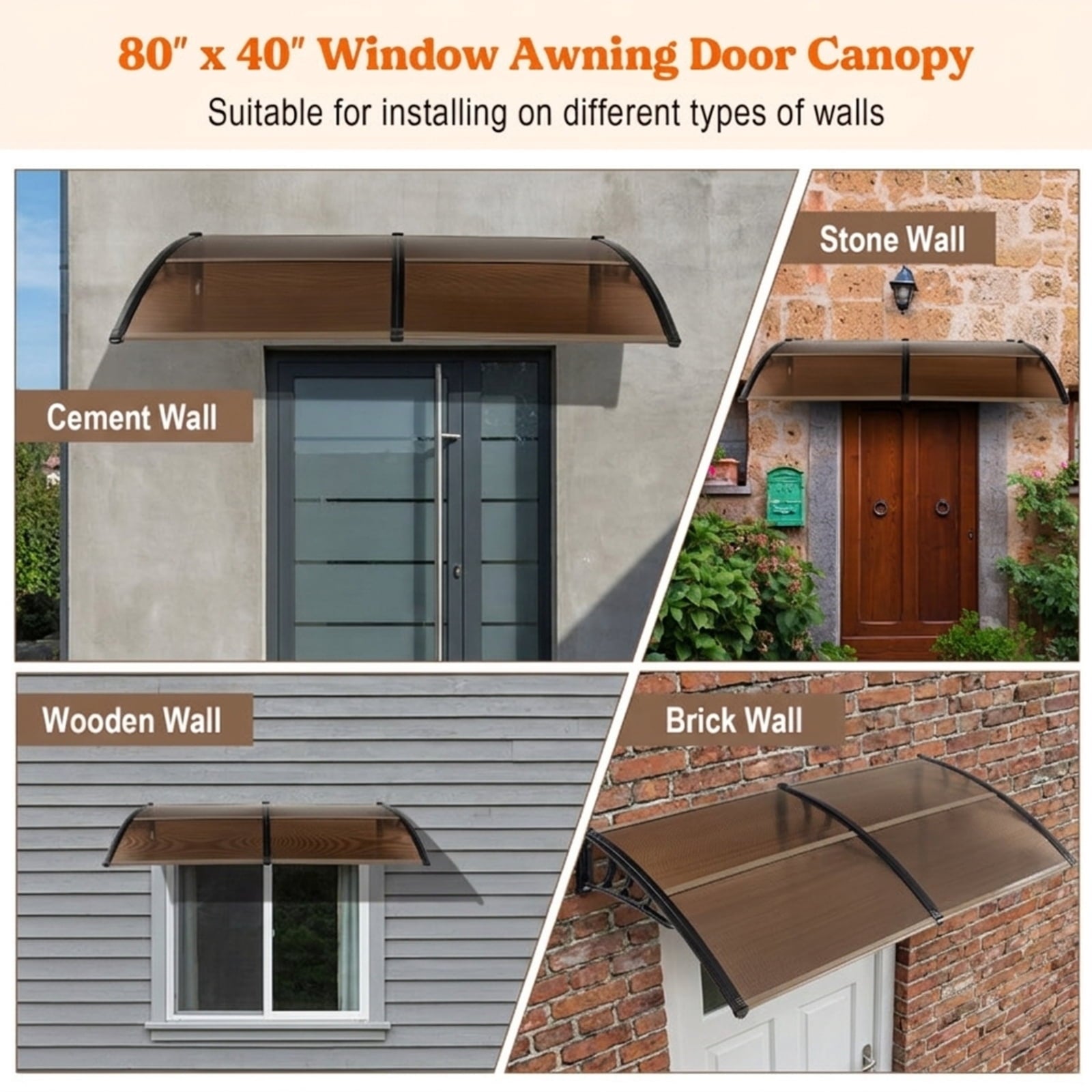 Biotree Outdoor Front Door Patio Overhang Awning for Sunlight Rain Snow Wind Protection-80 x 40 Inch for Patio Deck Door Window Sun Rain Protection, Coffee