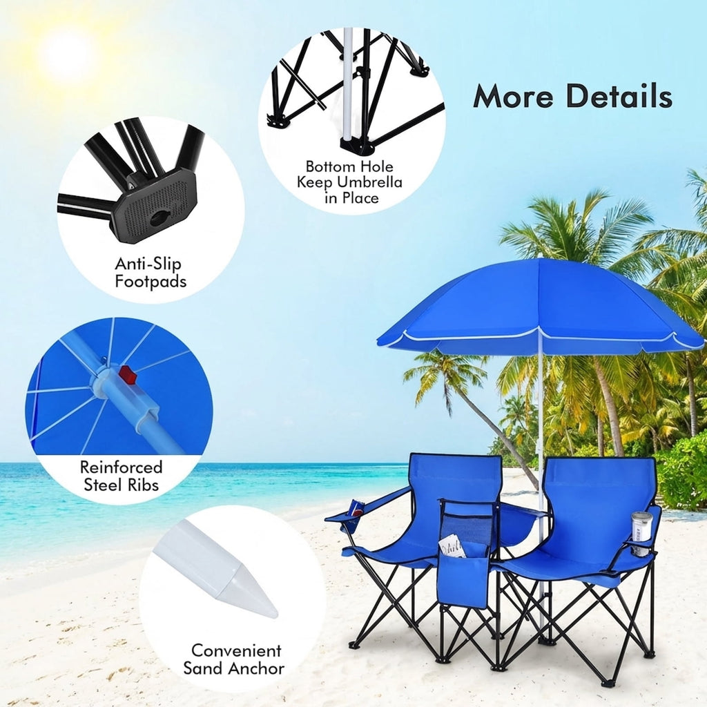 Biotree Double Camping Chair with Removable Umbrella Portable Folding Loveseat with Cooler Bag and Cup Holders for Beach Picnic, Blue