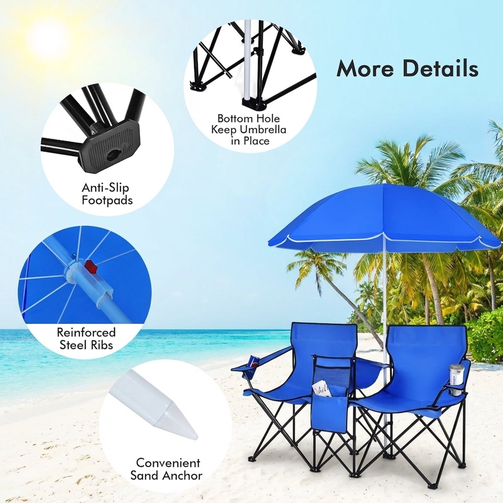 Biotree Double Camping Chair with Removable Umbrella Portable Folding Loveseat with Cooler Bag and Cup Holders for Beach Picnic, Blue
