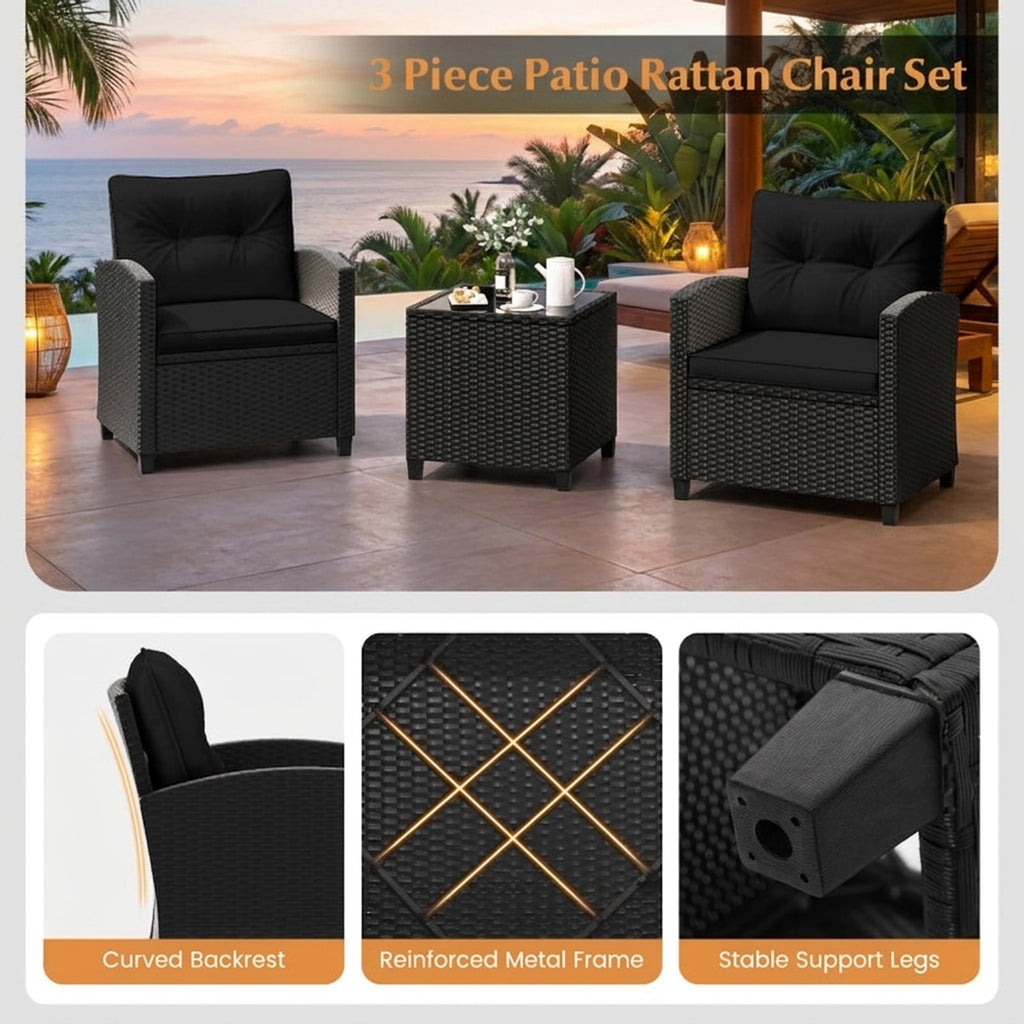Biotree 3 Pieces Patio Furniture Set with Tempered Glass Coffee Table Outdoor Conversation Set for Garden Backyard PorchBlack