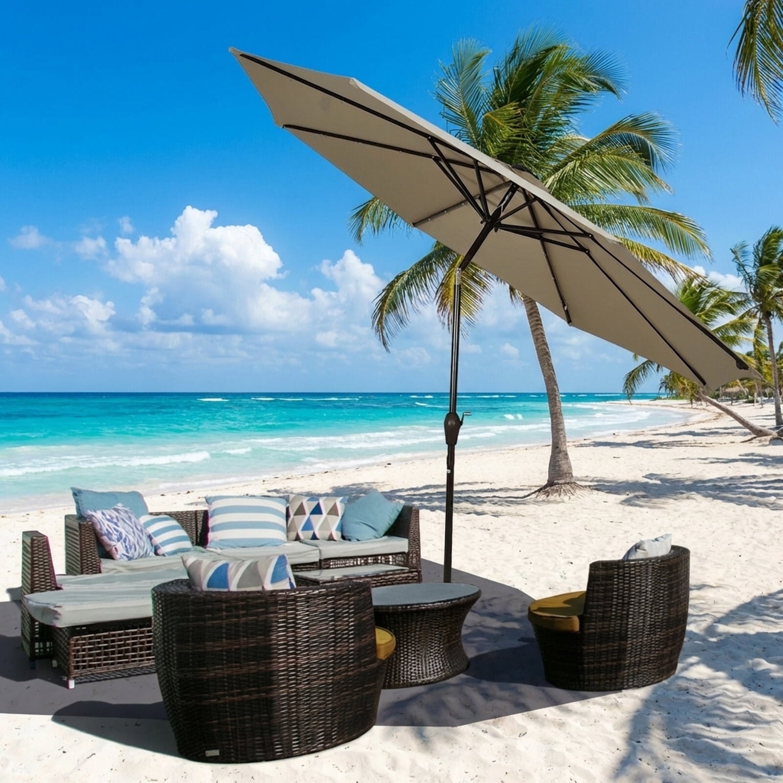 Biotree 10 Solar LED Lighted Patio Market Umbrella Shade Tilt Adjustment Crank-Tan Outdoor Backyard
