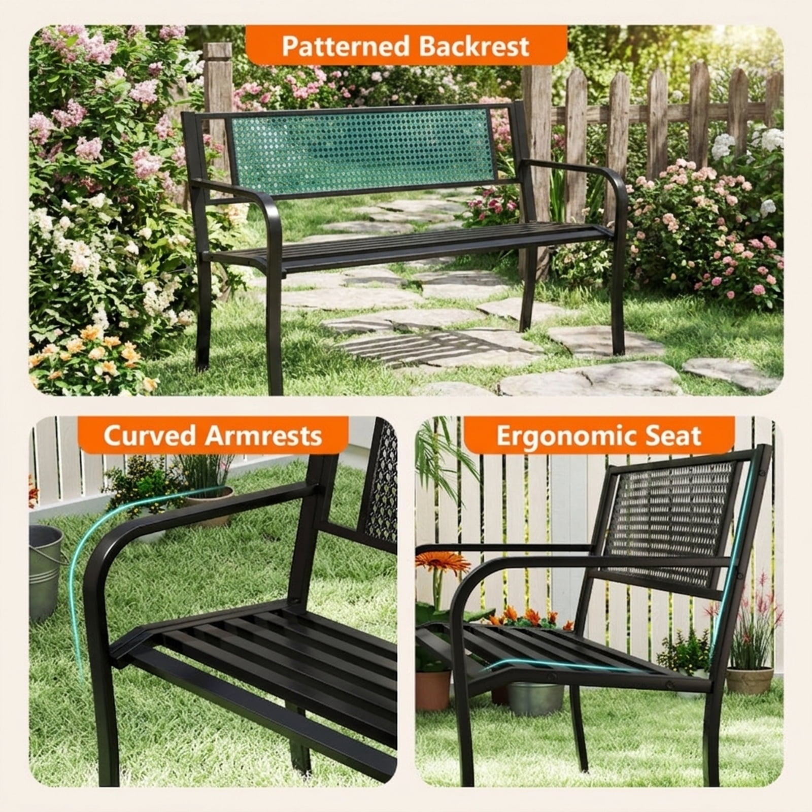 Biotree 50 Inches Garden Bench with Patterned Backrest and Curved Armrests Stackable Patio Chair for Garden BackyardBlack