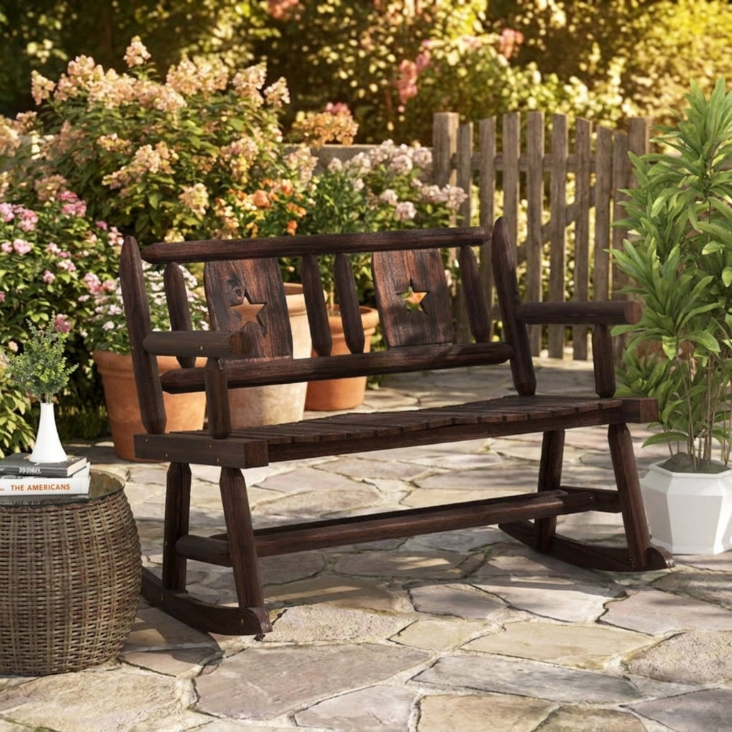 Biotree Patio Rocking Bench Double Rocker Chair with Ergonomic Seat 2-Person Loveseat Stackable Patio Chair for Garden BackyardRustic Brown