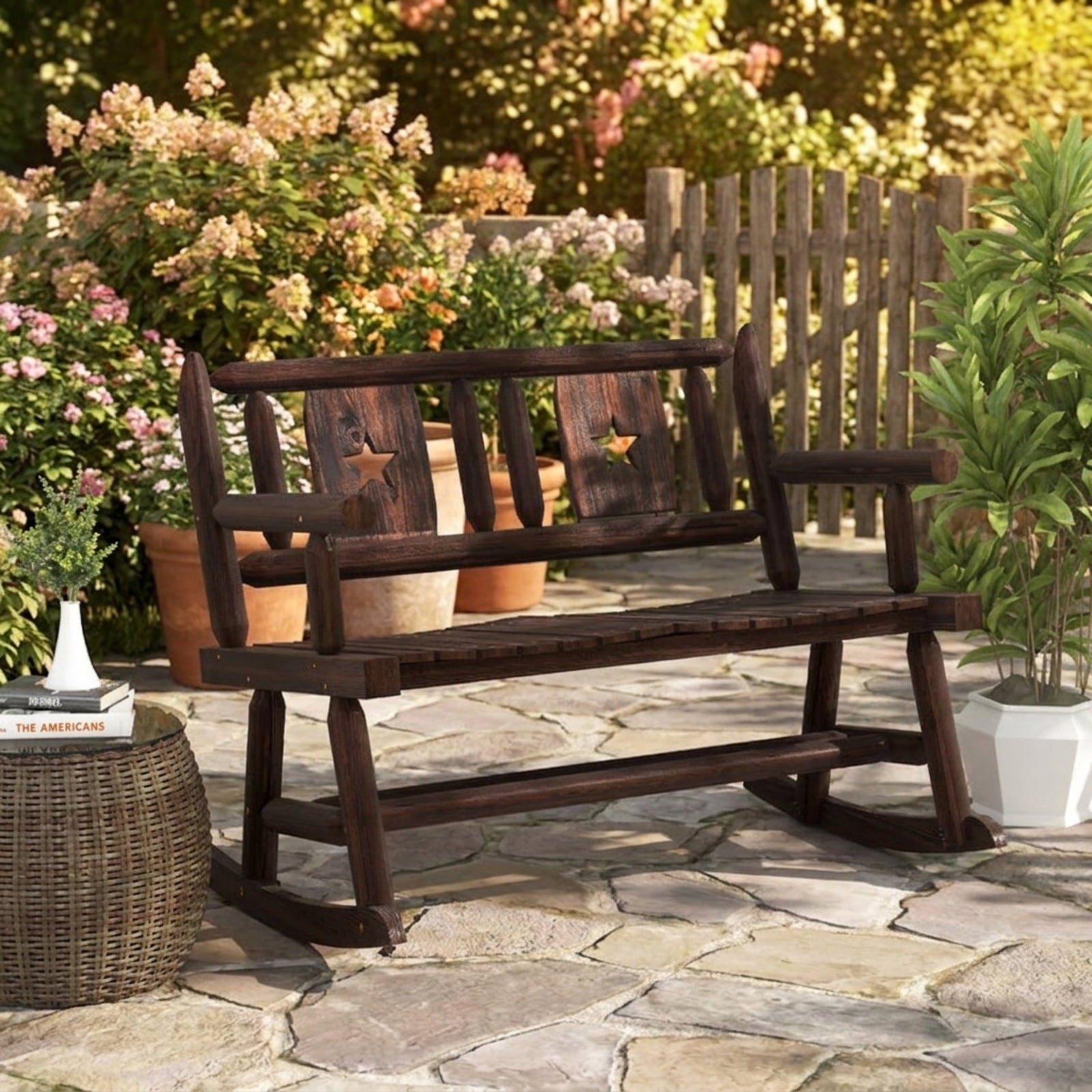 Biotree Patio Rocking Bench Double Rocker Chair with Ergonomic Seat 2-Person Loveseat Stackable Patio Chair for Garden BackyardRustic Brown