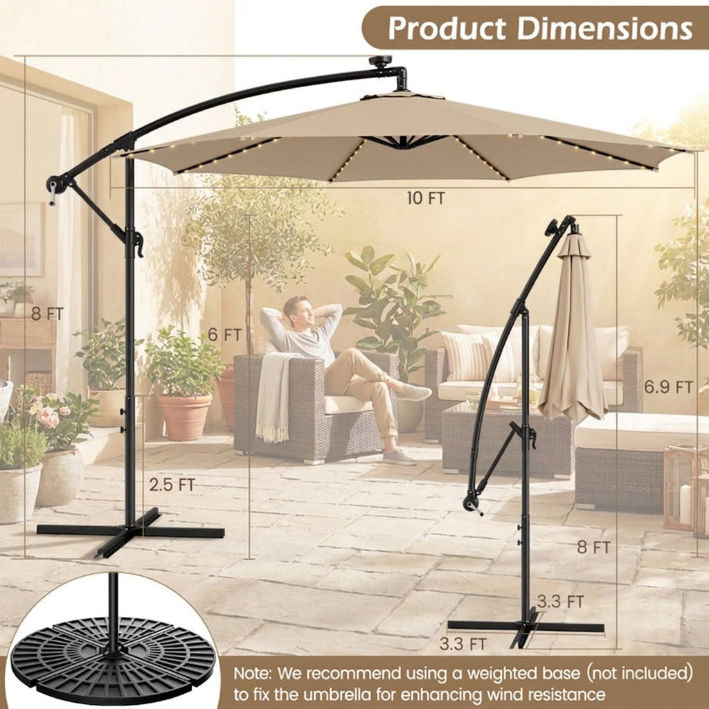Biotree 10 ft Cantilever Offset Patio Umbrella Solar LED Lights Outdoor Shade - Beige - UV Protection