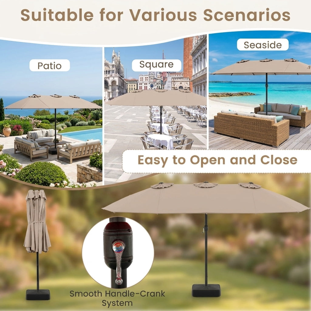 Biotree 15 ft Double-Sided Twin Patio Umbrella Crank Tilt Outdoor Shade - Brown - UV Protection with Cross Base