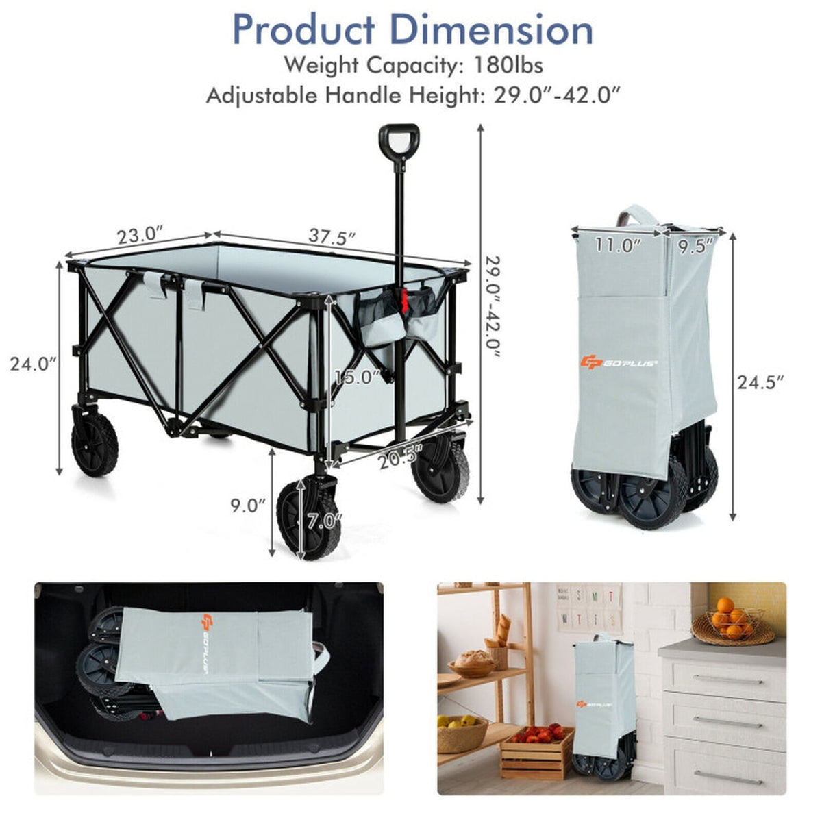 Biotree Collapsible Garden Wagon with 180 lb Capacity, Adjustable Handle, All-Terrain Wheels and Carry Bag for Camping and Shopping, Gray