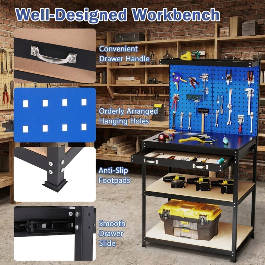 Biotree 32 x 16 Inch Workbench with Pegboard 2 Drawers and Shelves 220 lbs - Navy