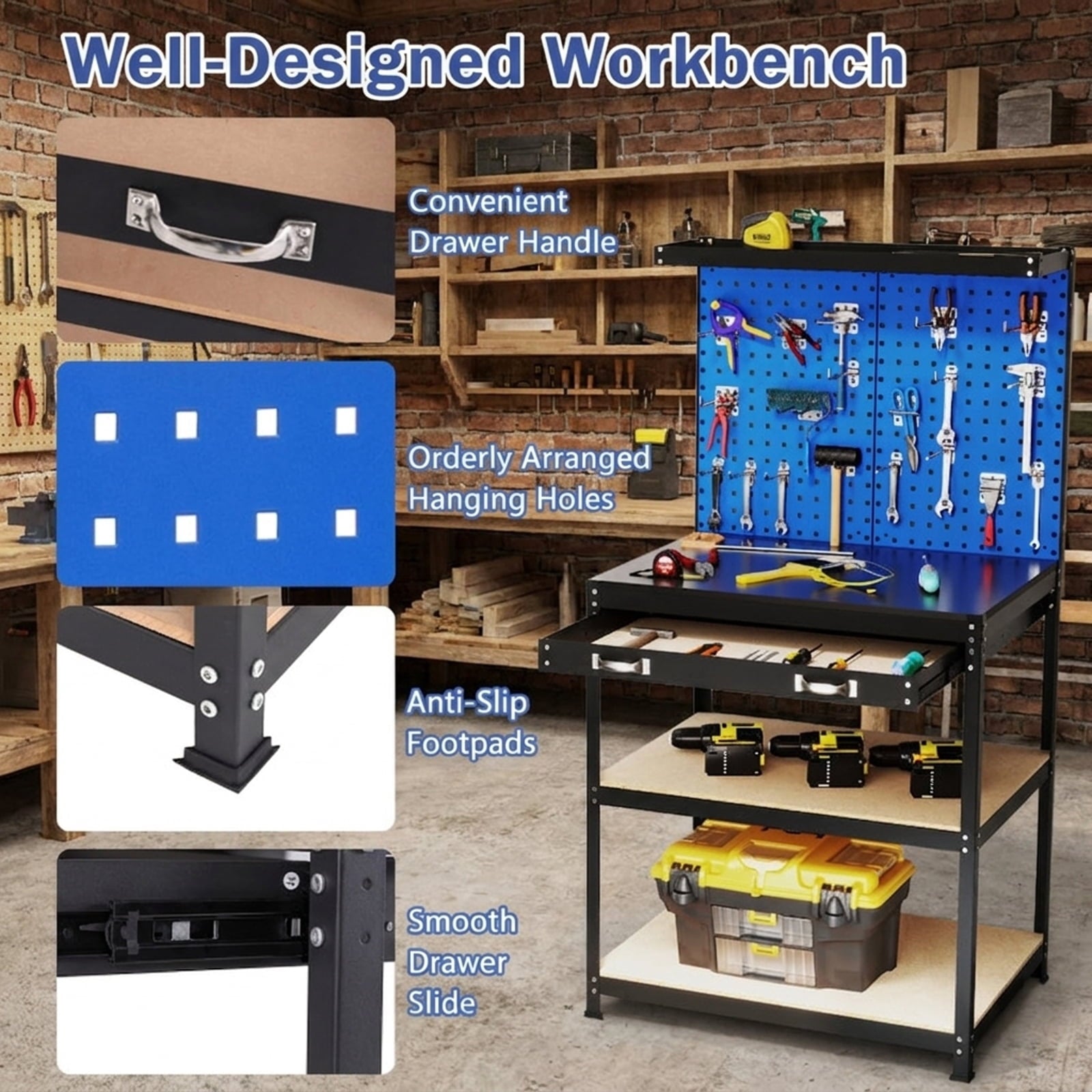 Biotree 32 x 16 Inch Workbench with Pegboard 2 Drawers and Shelves 220 lbs - Navy