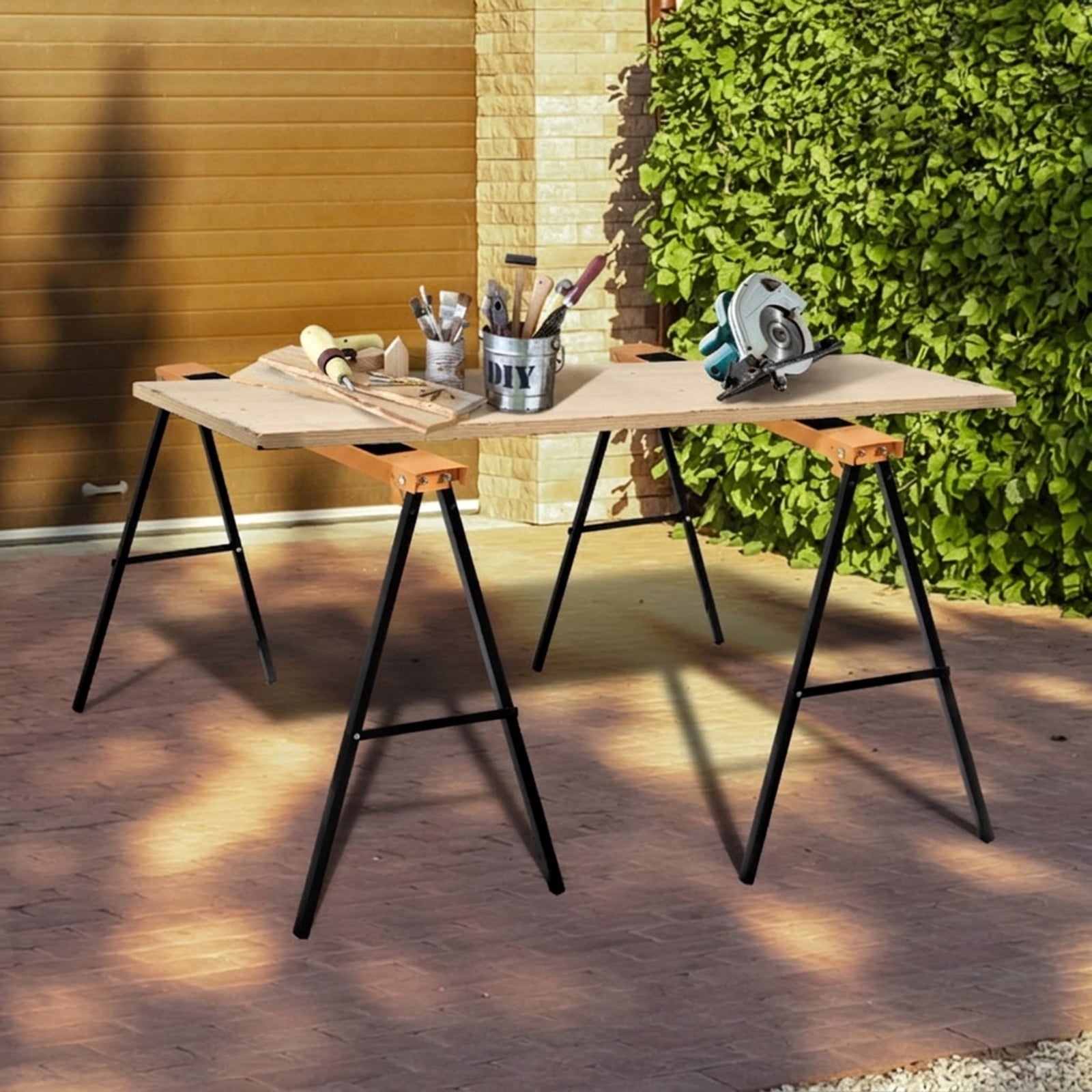 Biotree 2 Pack Heavy Duty Sawhorse with Steel Folding Legs for Garage Workshop Home DIY Projects, Black