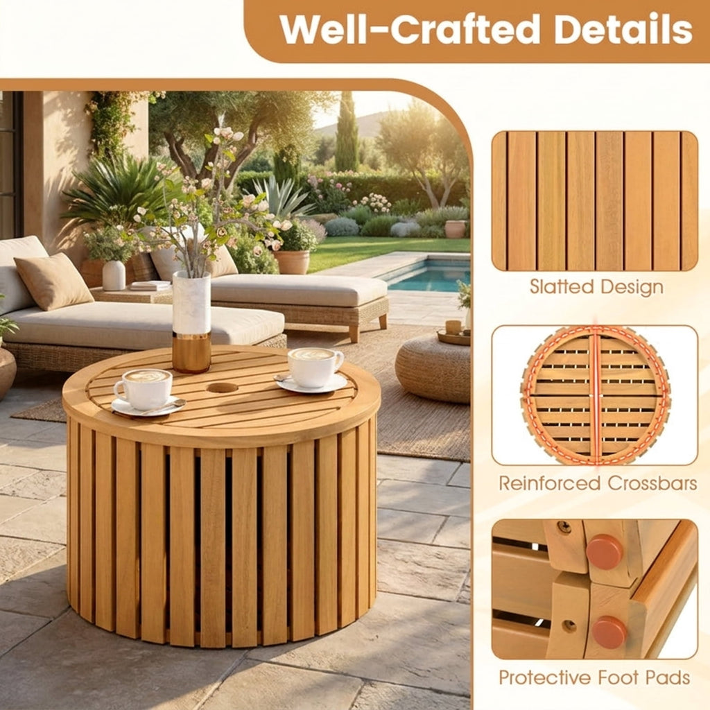 Biotree 2-in-1 Outdoor Side Table with Storage Acacia Wood Slatted Coffee Table Round Slatted End Storage Box with 2.3" Umbrella Hole, Natural