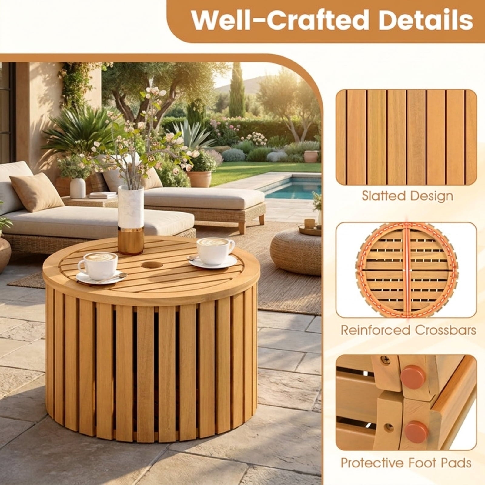 Biotree 2-in-1 Outdoor Side Table with Storage Acacia Wood Slatted Coffee Table Round Slatted End Storage Box with 2.3" Umbrella Hole, Natural