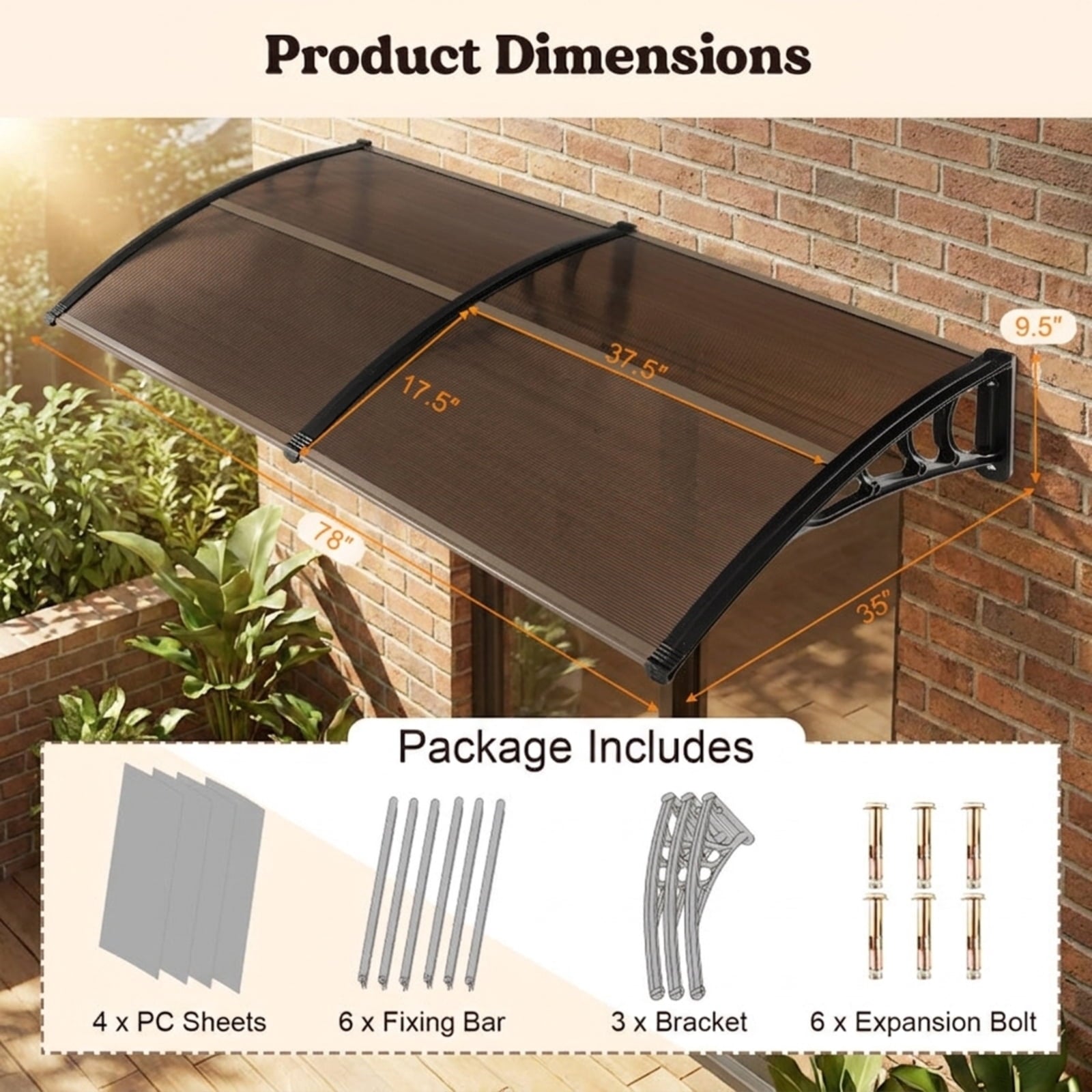 Biotree Outdoor Front Door Patio Overhang Awning for Sunlight Rain Snow Wind Protection-80 x 40 Inch for Patio Deck Door Window Sun Rain Protection, Coffee