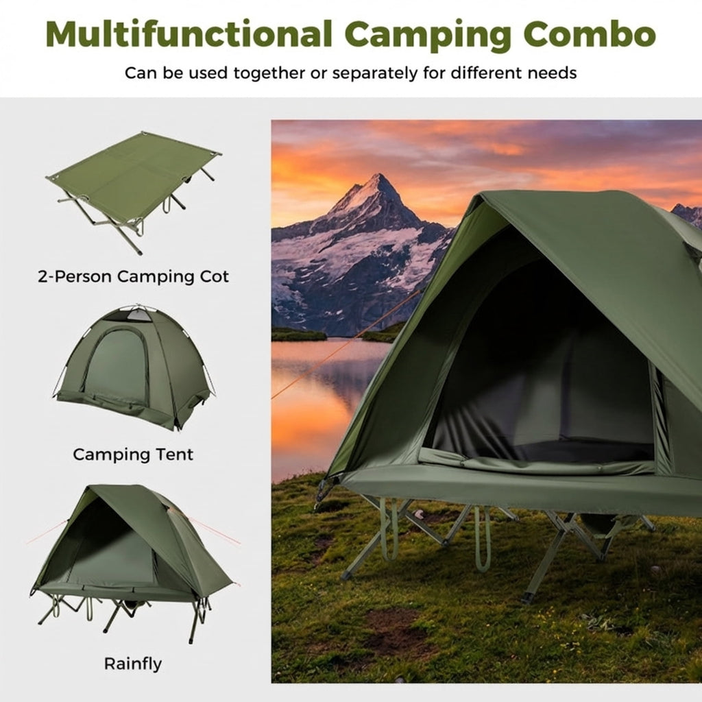 Biotree 2-Person Foldable Off-Ground Camping Cot Tent with Pop Up Shelter and Wheeled Carry Bag, Green