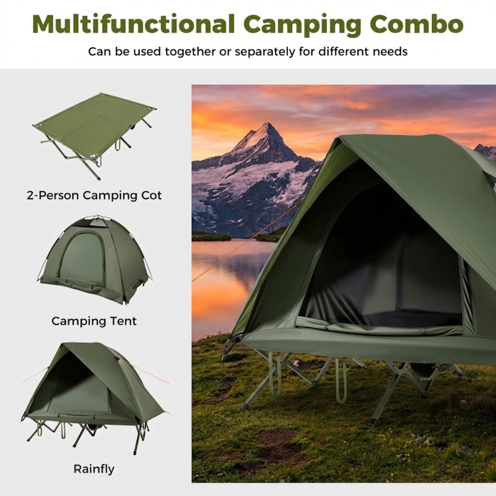 Biotree 2-Person Foldable Off-Ground Camping Cot Tent with Pop Up Shelter and Wheeled Carry Bag, Green