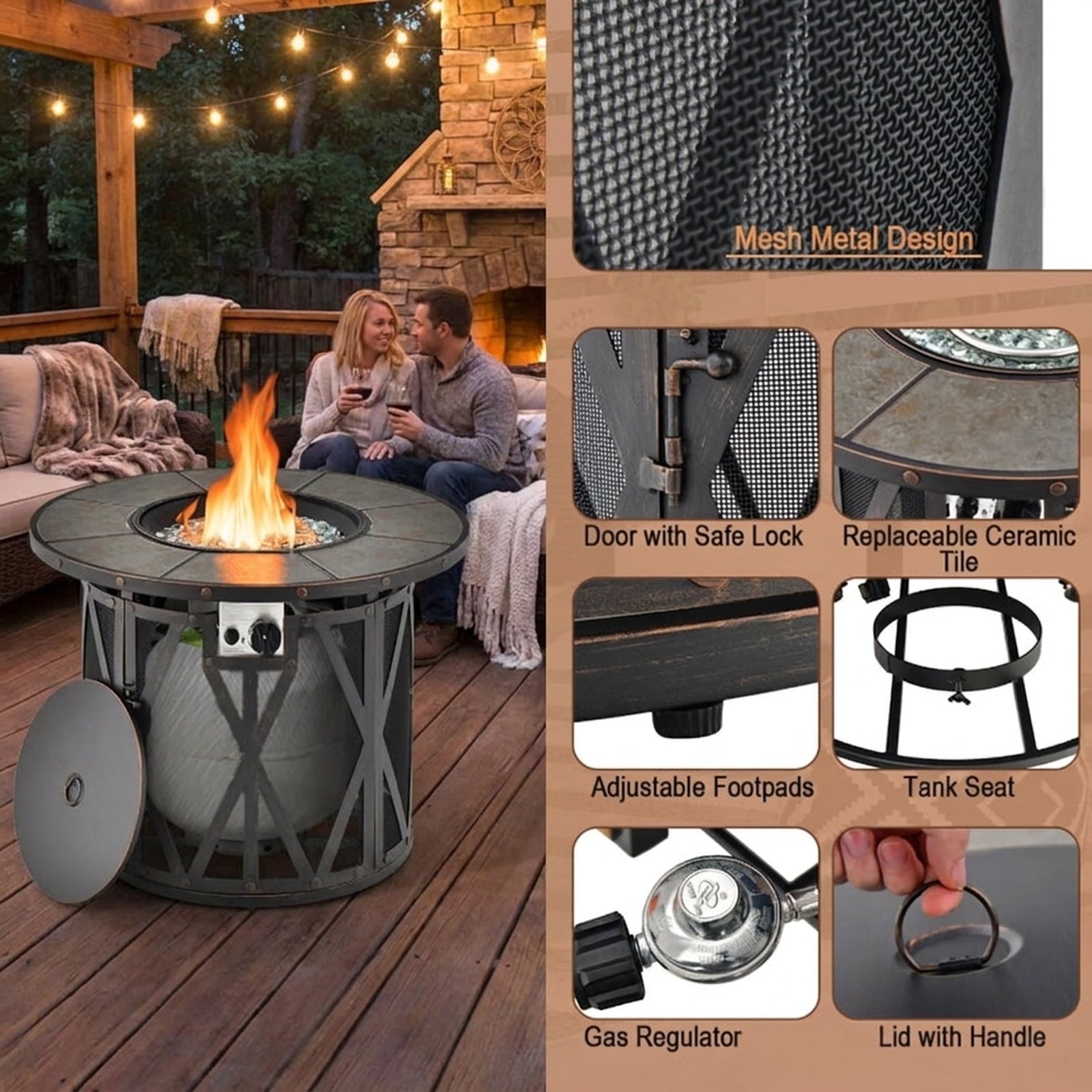 Biotree 32 Inch 30000BTU Fire Pit Table with Fire Glasses and PVC Cover for Outdoor Patio Backyard Garden Camping, Black Gray