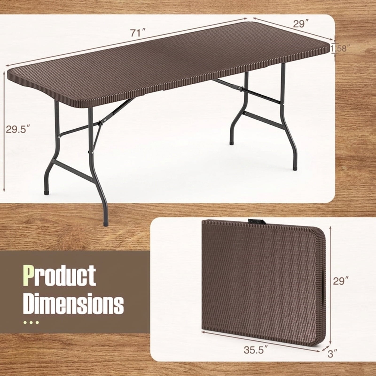 Biotree 6 ft Portable Folding Table with Rattan-Like HDPE Tabletop and Safe Lock Mechanism, Coffee