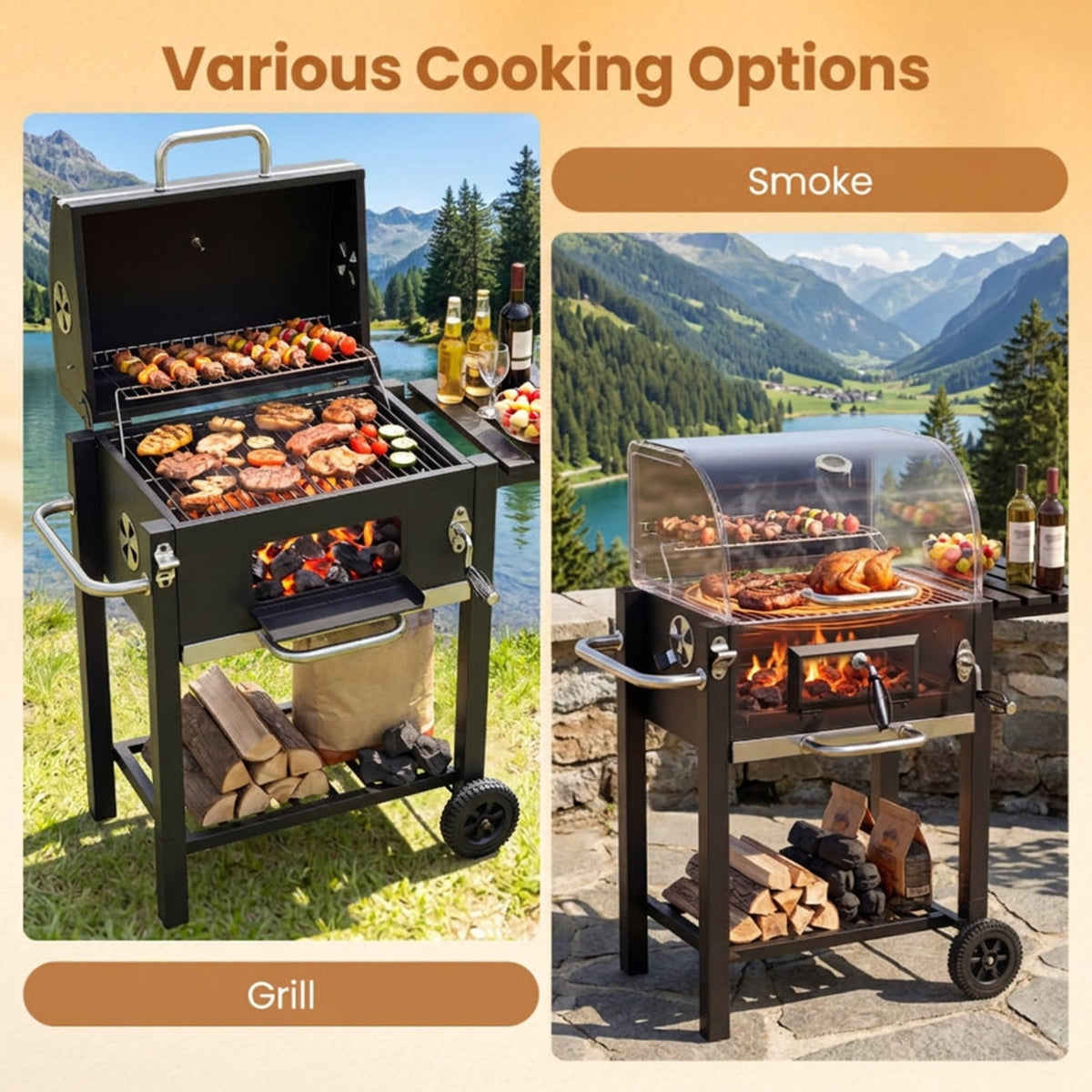 Biotree Portable Outdoor Charcoal BBQ Grill with Adjustable Charcoal Tray, Charcoal Grill on Wheels with Warming Rack, BBQ Smoker Cooker for Backyard Patio Camping Black