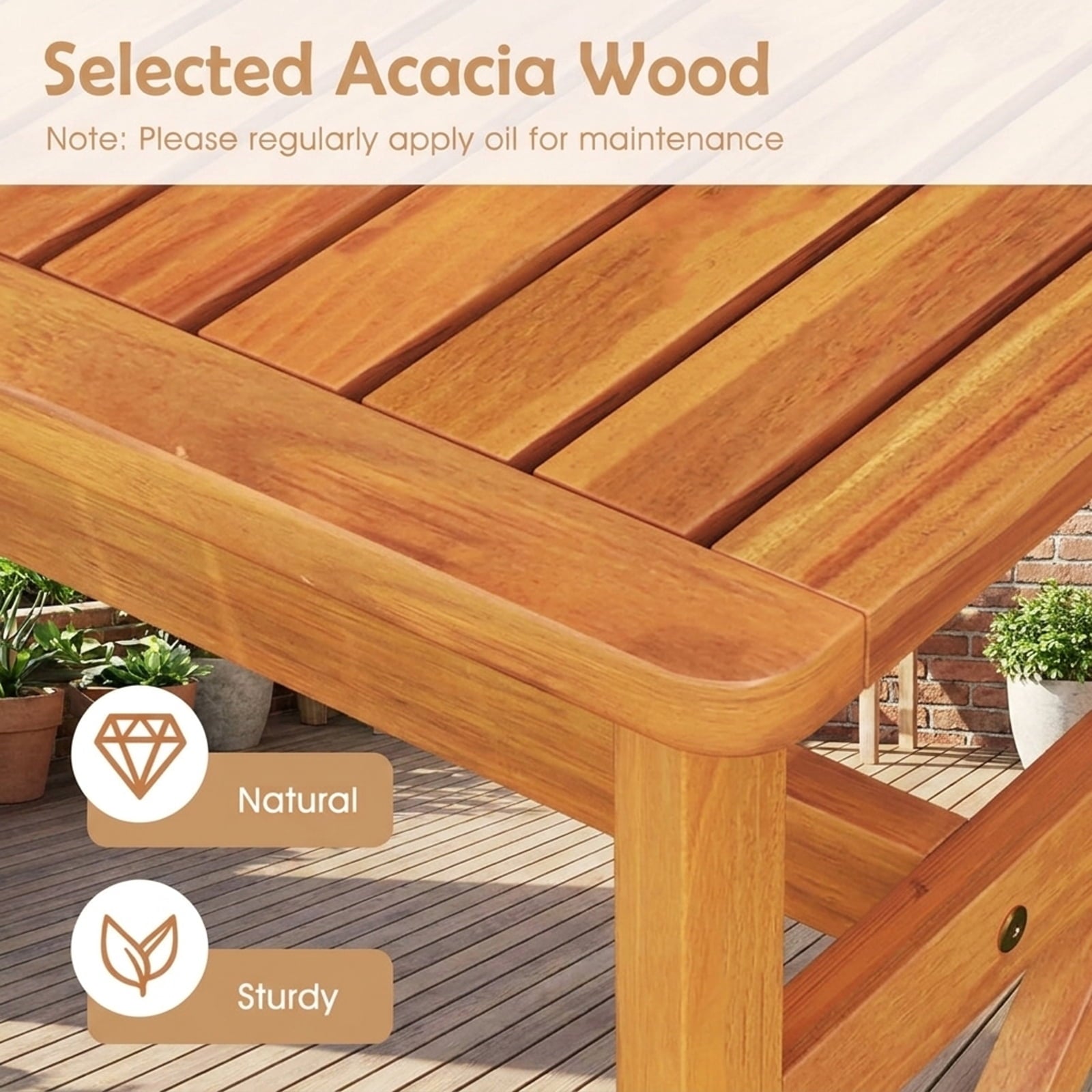 Biotree 51 Inches Outdoor Acacia Wood Bench with Slatted Seat and 800 Lbs Weight Capacity-1 PieceNatural
