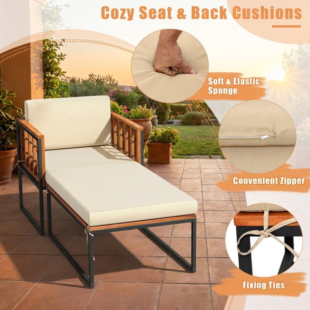 Biotree Patio Acacia Wood Armchair with Long Ottoman and Seat Back Cushions Stackable Patio Chair for Garden BackyardBrown