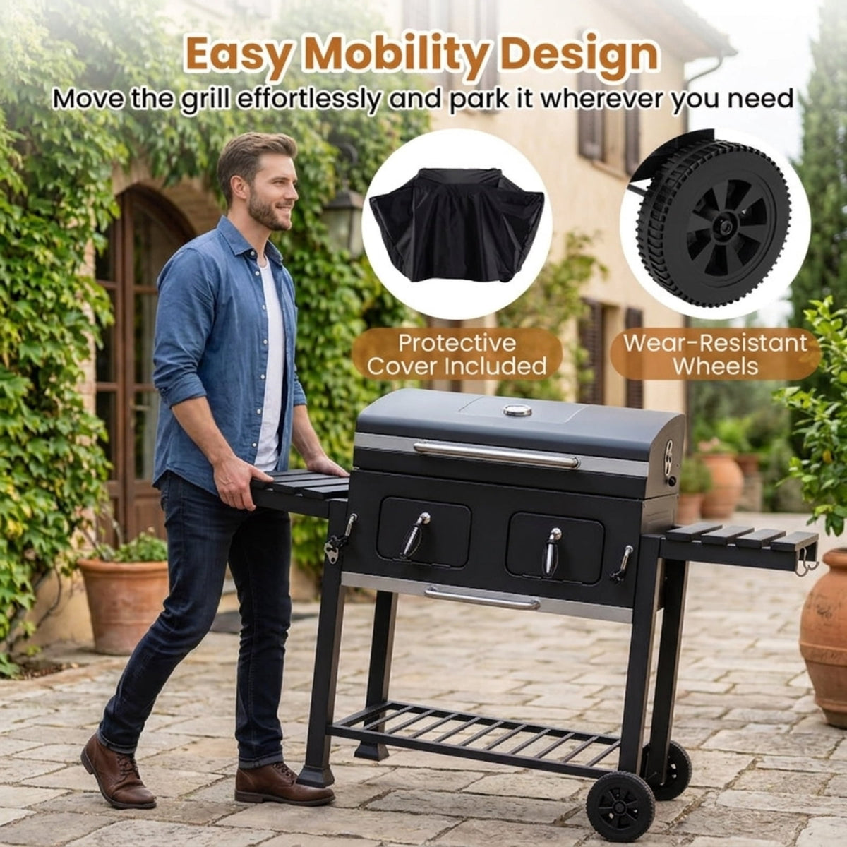 Biotree 780 SQIN Large Charcoal Grill, Outdoor BBQ Grill with Adjustable Charcoal Trays, Protective Cover, Folding Side Tables - Wheels, Portable Charcoal Cooker for Backyard Patio Camping Black