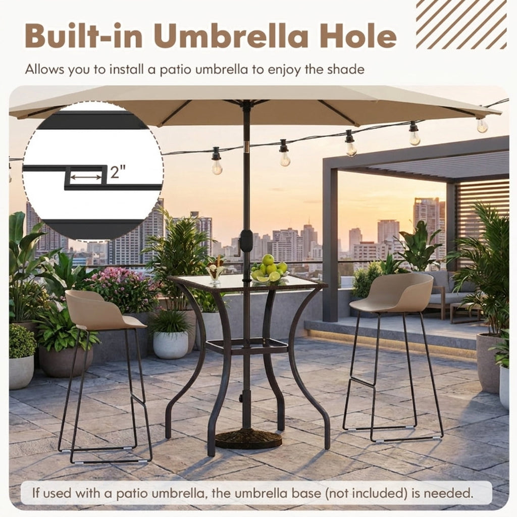 Biotree Outdoor Patio Square Bar Table with Glass Top and PE Rattan Edging, Brown - Outdoor Bar Height Dining Table for Patio Deck