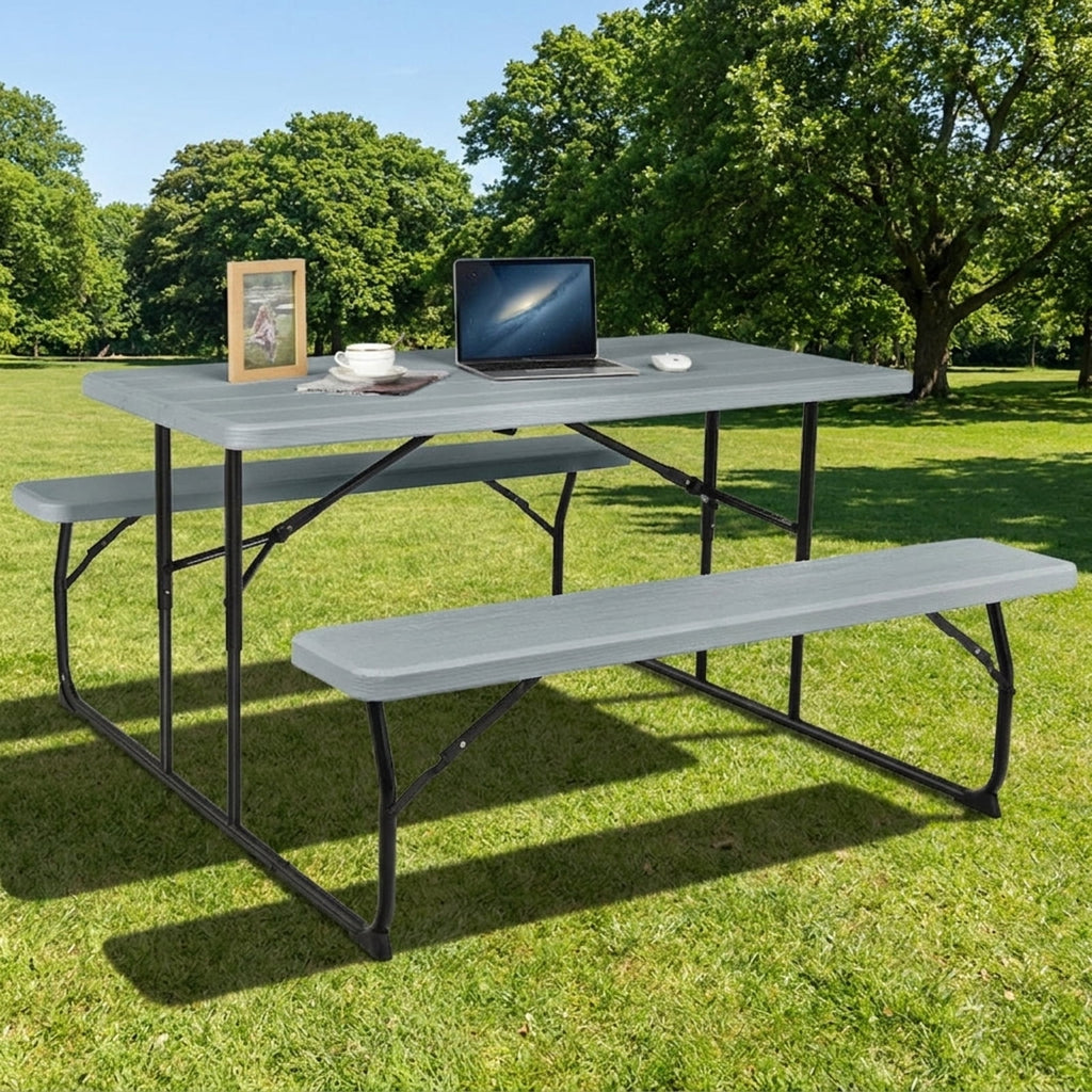 Biotree Indoor and Outdoor Folding Picnic Table Bench Set with Wood-like Texture, Gray