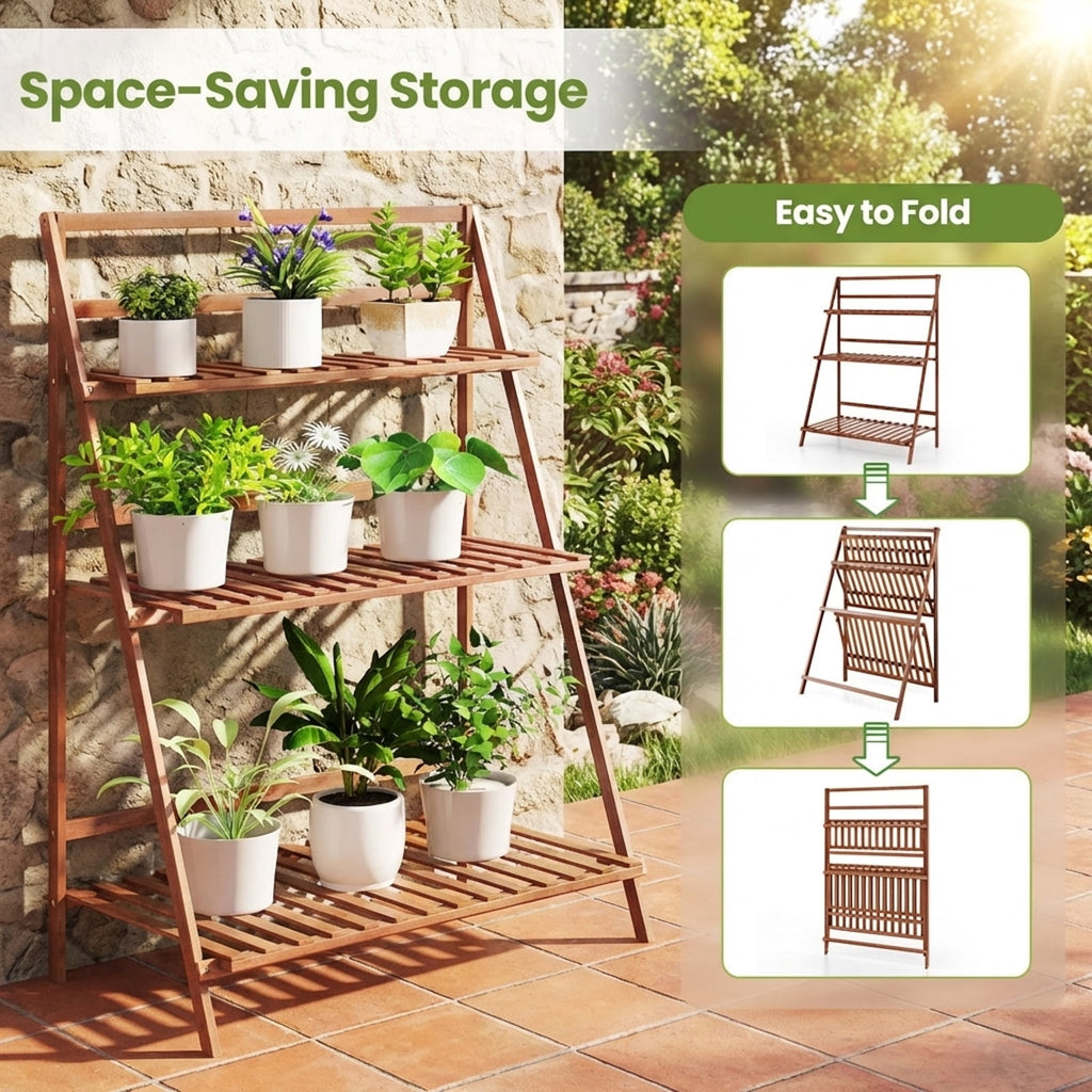 Biotree 3-Tier Bamboo Plant Stand Foldable Ladder Shelf Indoor Outdoor Flower Pot Display Rack Natural