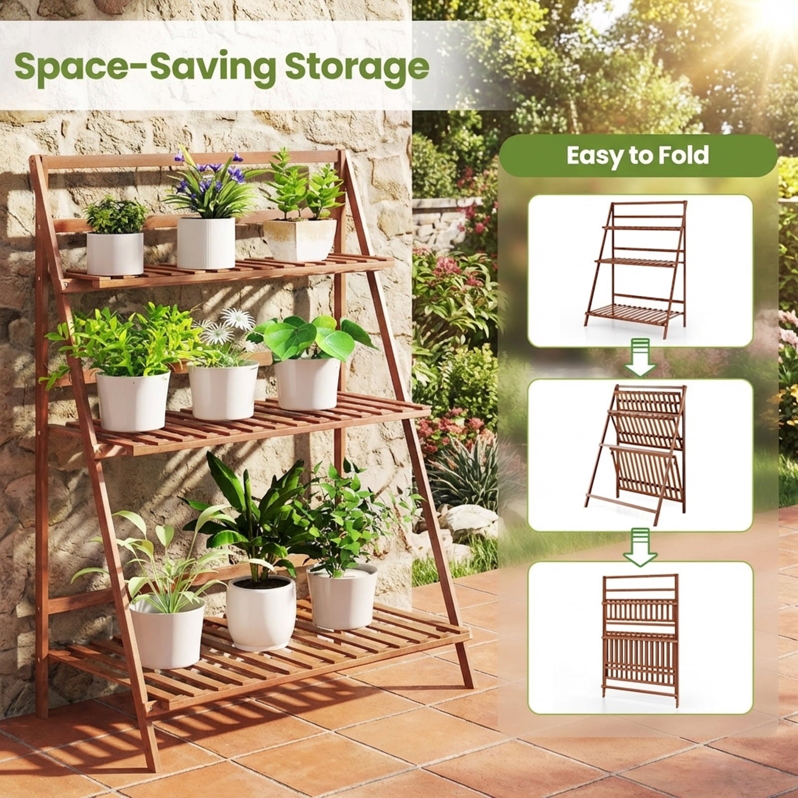Biotree 3-Tier Bamboo Plant Stand Foldable Ladder Shelf Indoor Outdoor Flower Pot Display Rack Natural