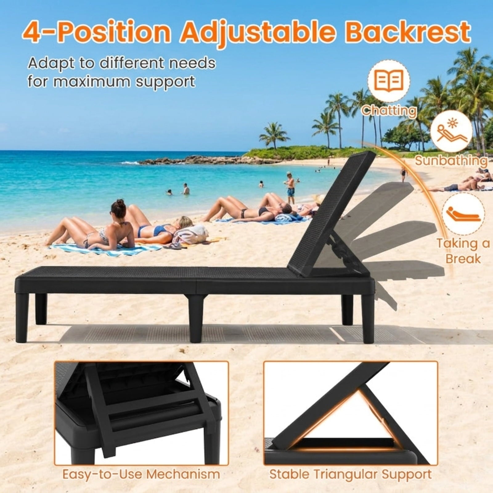 Biotree Outdoor Chaise Lounger Chair with Waterproof Rattan Textured PP Surface and 330 Lbs CapacityBlack