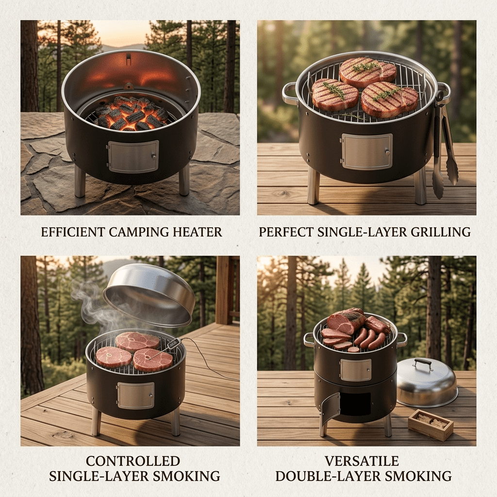Biotree Outdoor Vertical Charcoal Grill with Lid, Smokeless BBQ Smoker, 360¡ã Even Heating Wood Fired Grill, Charcoal BBQ Cooker for Backyard Patio Camping Cooking Black