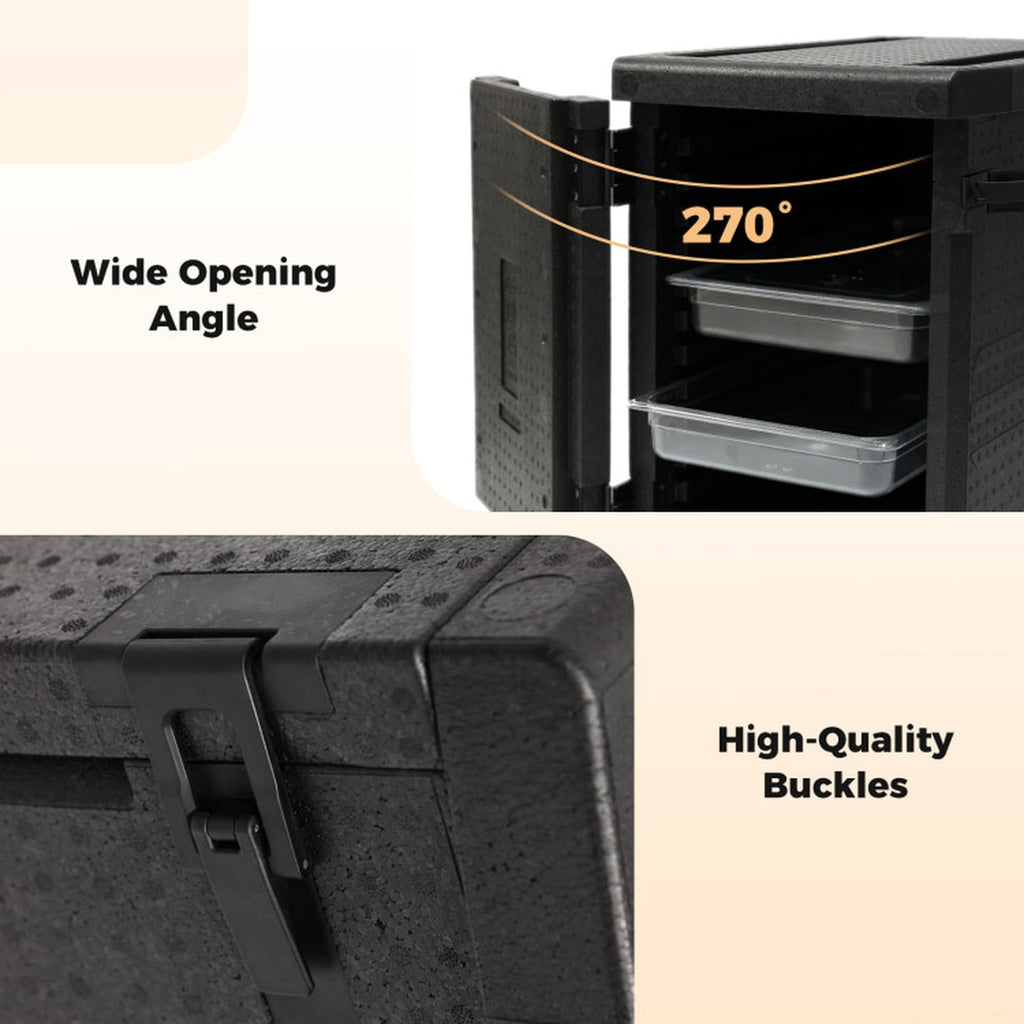 Biotree 91 Qt Insulated Food Pan Carrier with Safety Buckles and Shelf Dividers, Black