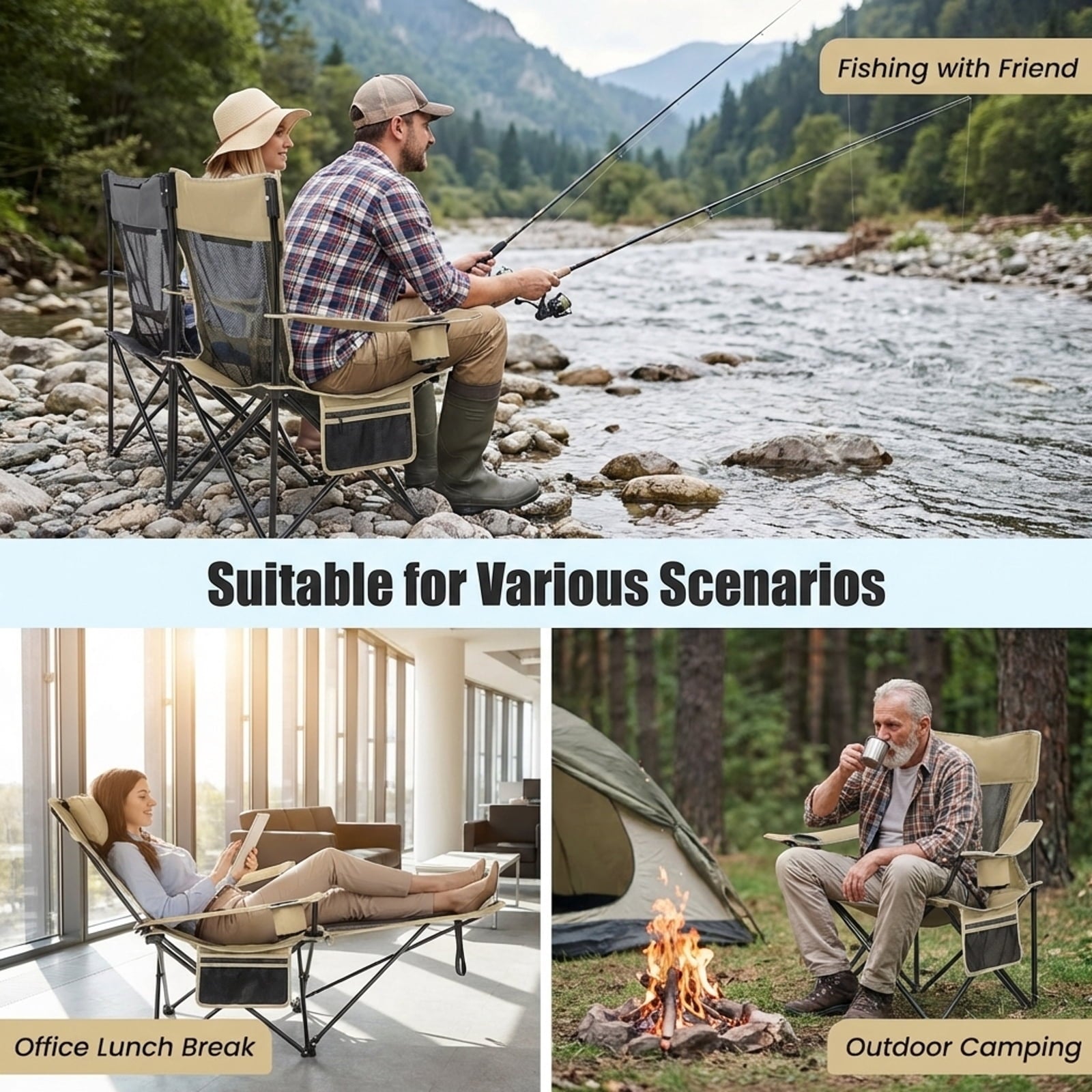 Biotree Camping Lounge Chair with Detachable Footrest Adjustable Backrest, Green