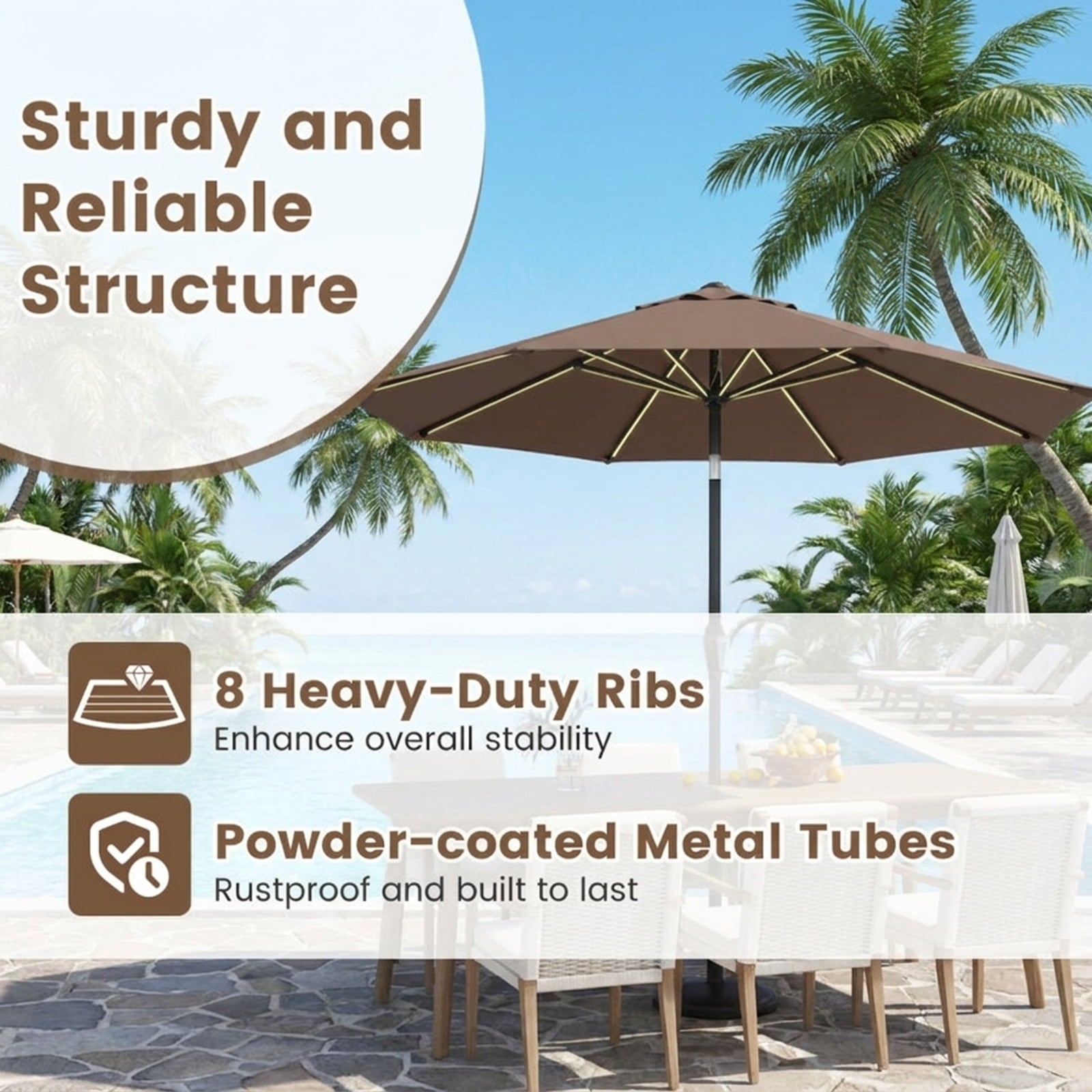 Biotree 8.5 ft Market Patio Umbrella with Crank and Tilt, 8 Sturdy Ribs, Vented Canopy - Beige for Backyard