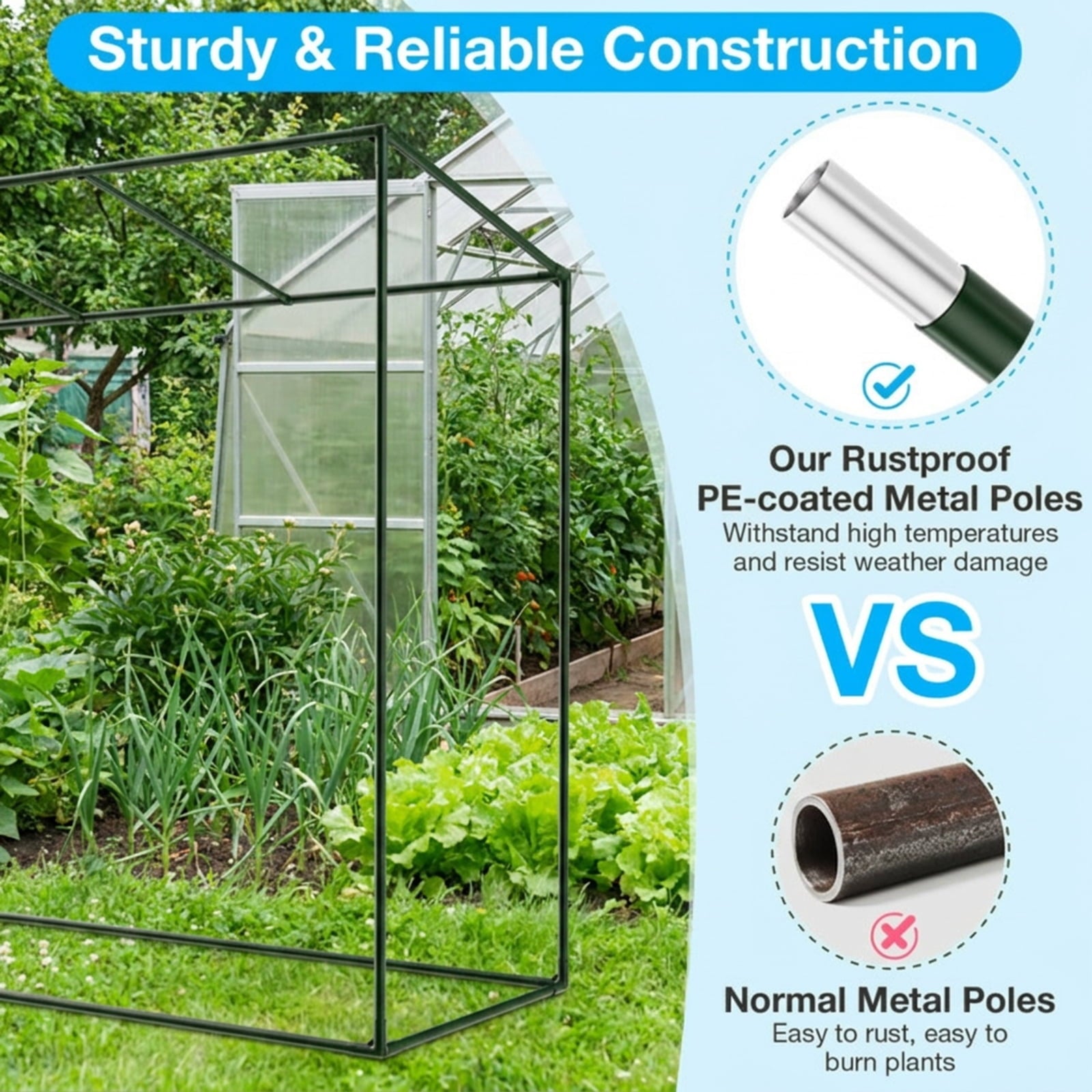 Biotree Outdoor Portable Walk-in Greenhouse with PE Cover Heavy-Duty Metal Frame Roll for Outdoor Garden Backyard Patio Vegetables Flowers, Green