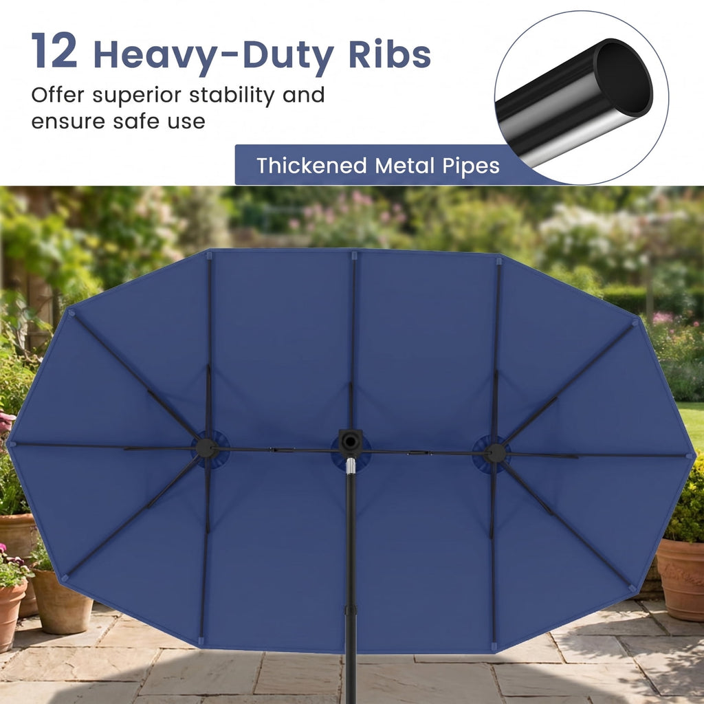 Biotree 15 ft Double-Sided Twin Patio Umbrella Crank Tilt Outdoor Shade - Blue - UV Protection with Cross Base
