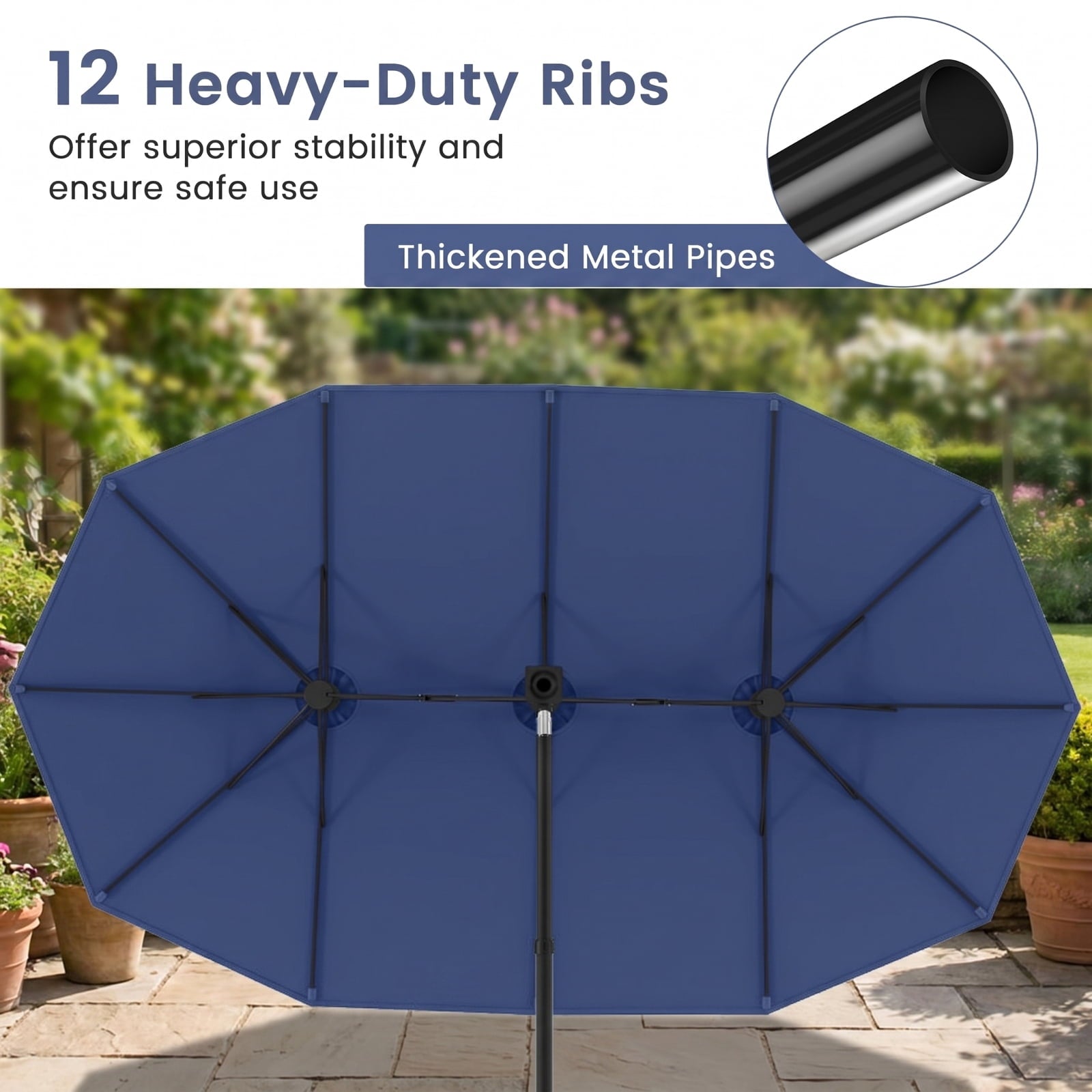 Biotree 15 ft Double-Sided Twin Patio Umbrella Crank Tilt Outdoor Shade - Blue - UV Protection with Cross Base