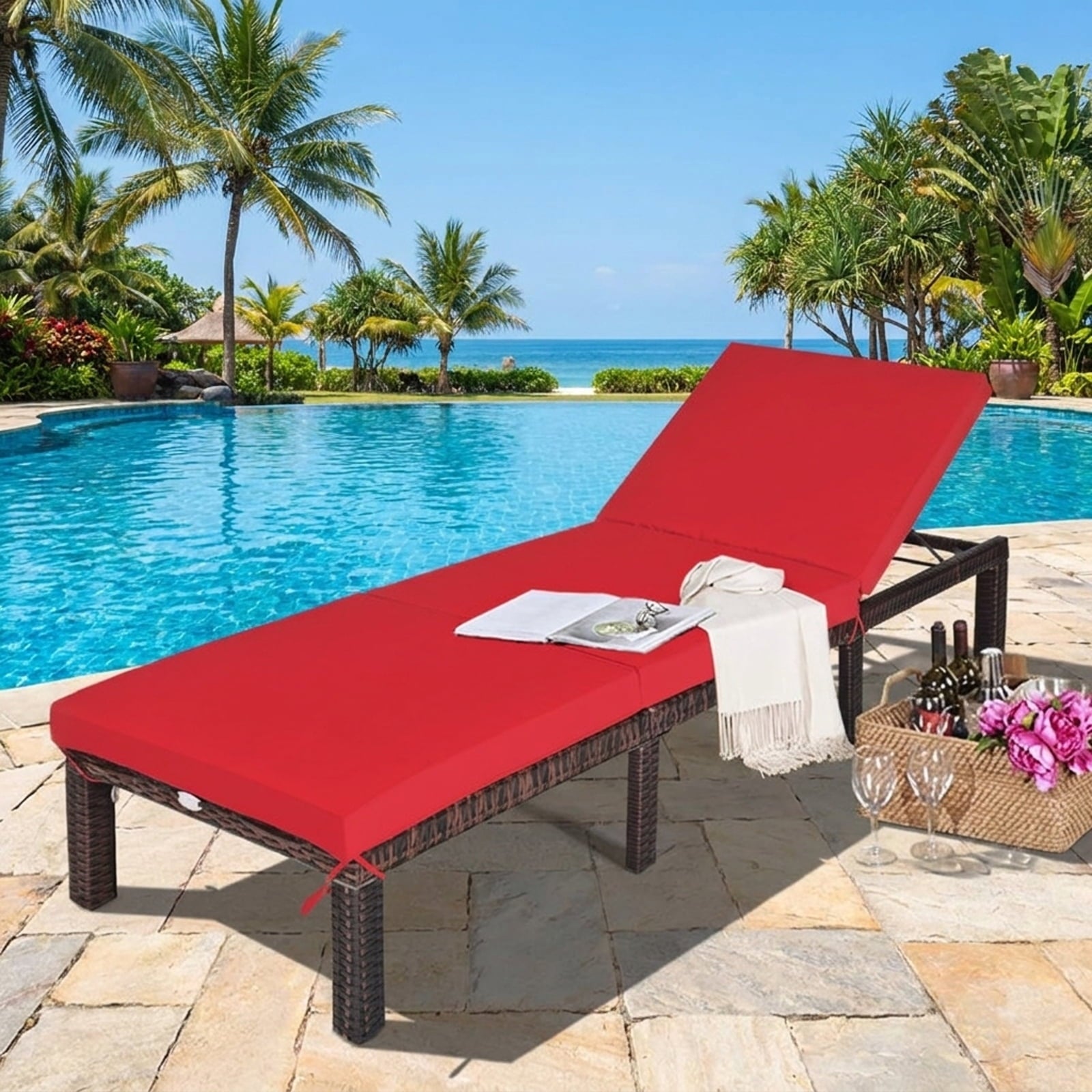 Biotree Outdoor Rattan Adjustable Cushioned Chaise Stackable Patio Chair for Garden BackyardRed