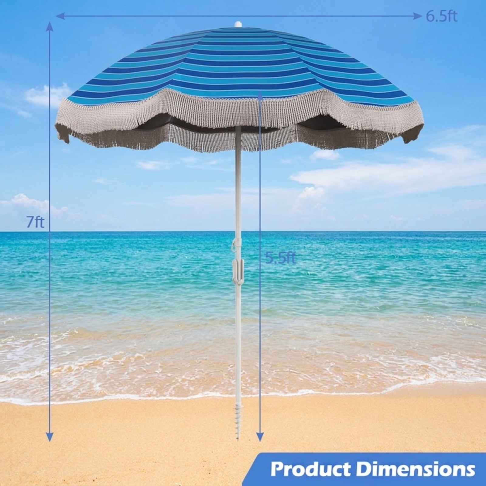 Biotree 6 ft Beach Tassel Fringe Patio Umbrella Crank Tilt Outdoor Shade - Blue - UV Protection with Cross Base