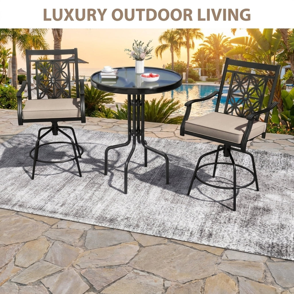 Biotree Set of 2 Outdoor Swivel Bar Stools with Cushioned Seats and Armrests, Brown - Outdoor Patio Bar Height Chair with Footrest