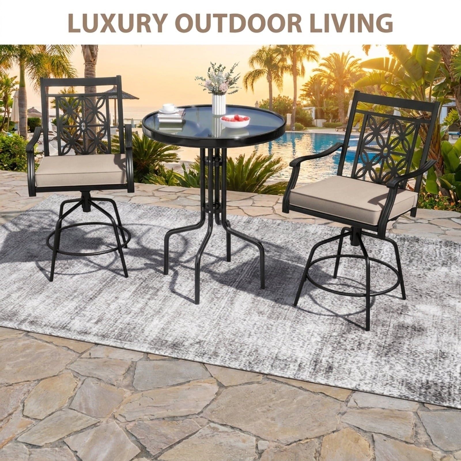 Biotree Set of 2 Outdoor Swivel Bar Stools with Cushioned Seats and Armrests, Brown - Outdoor Patio Bar Height Chair with Footrest