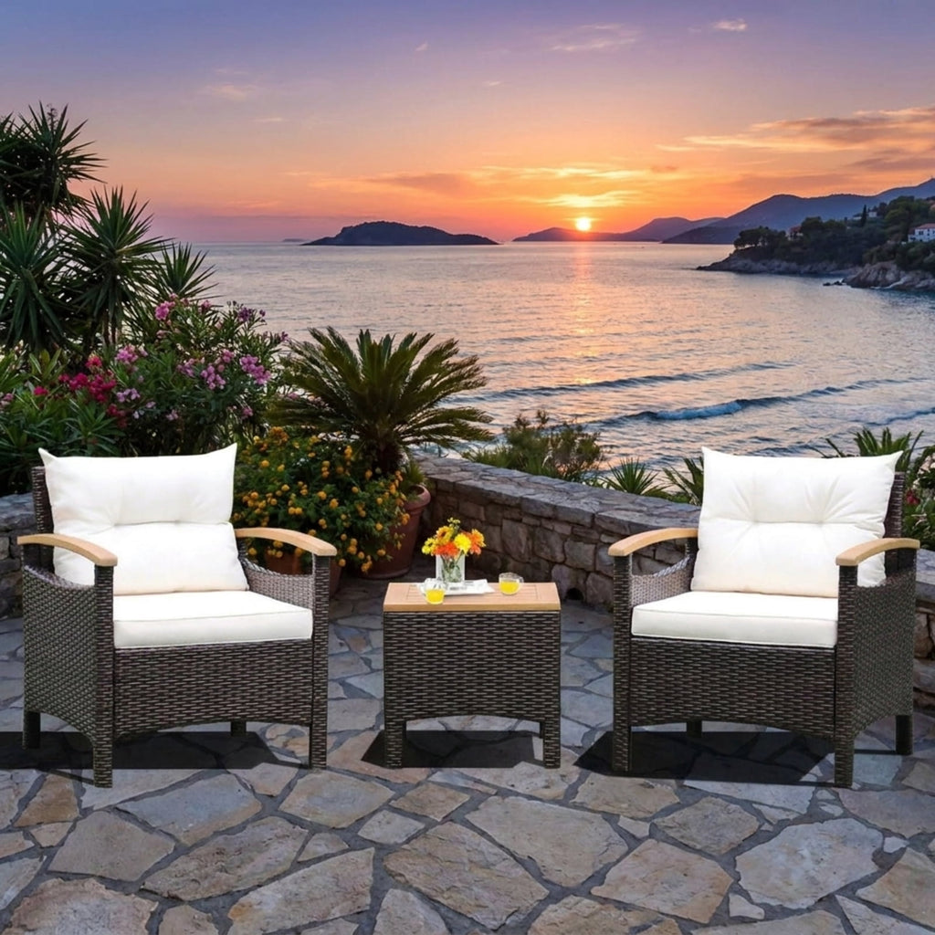 Biotree 3 Pieces Patio Rattan Furniture Set with Removable Cushion Outdoor Conversation Set for Garden Backyard PorchOff White
