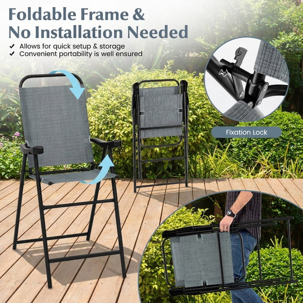 Biotree Set of 2 Patio Folding Bar Stools with Metal Frame and Footrest, Blue - Outdoor Patio Bar Height Chair with Footrest