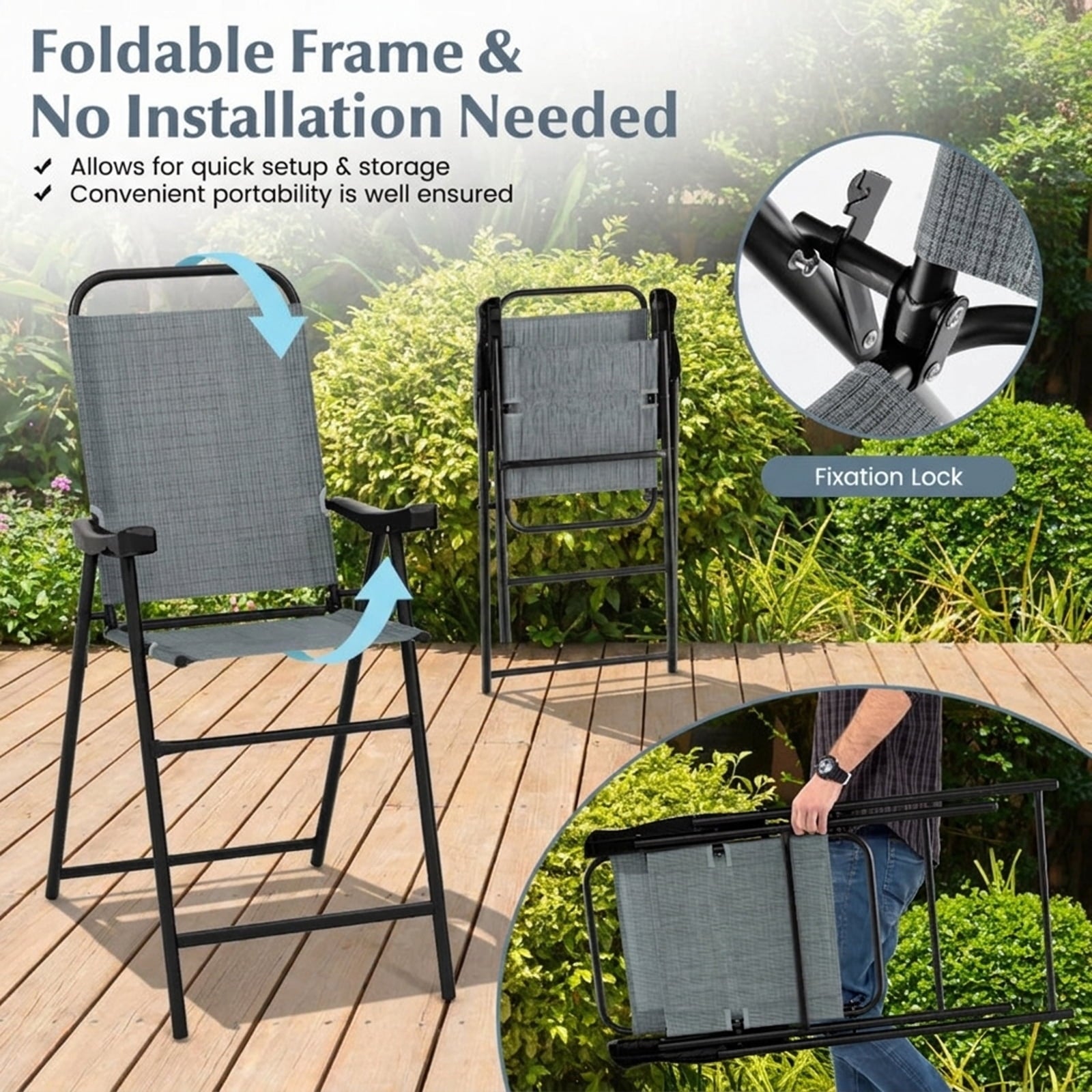 Biotree Set of 2 Patio Folding Bar Stools with Metal Frame and Footrest, Blue - Outdoor Patio Bar Height Chair with Footrest
