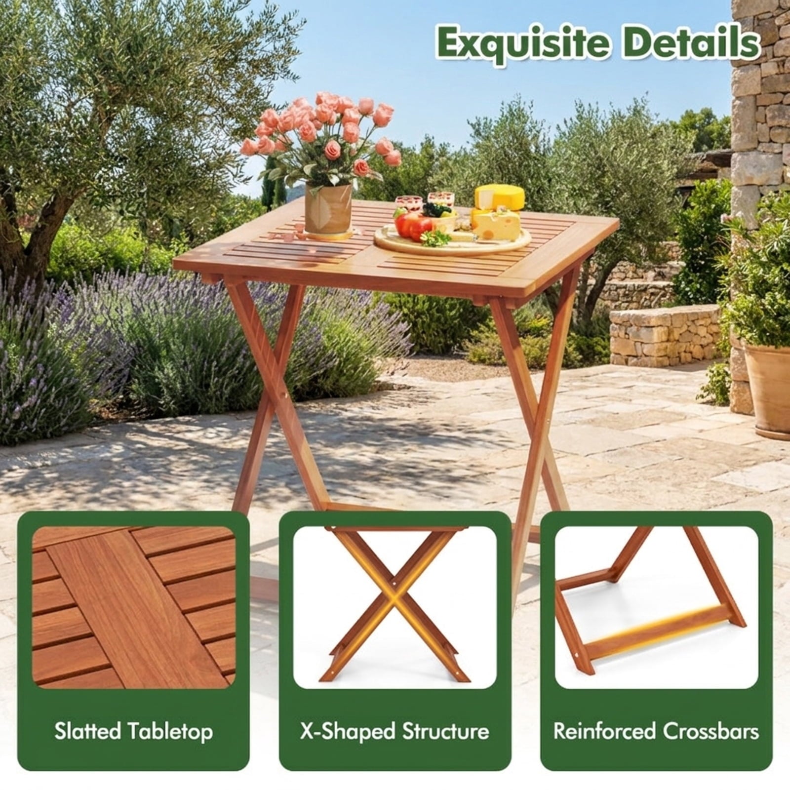 Biotree 29.5 Inch x 29.5 Inch Patio Dining Table with Teak Painting and Umbrella Hole, Teak