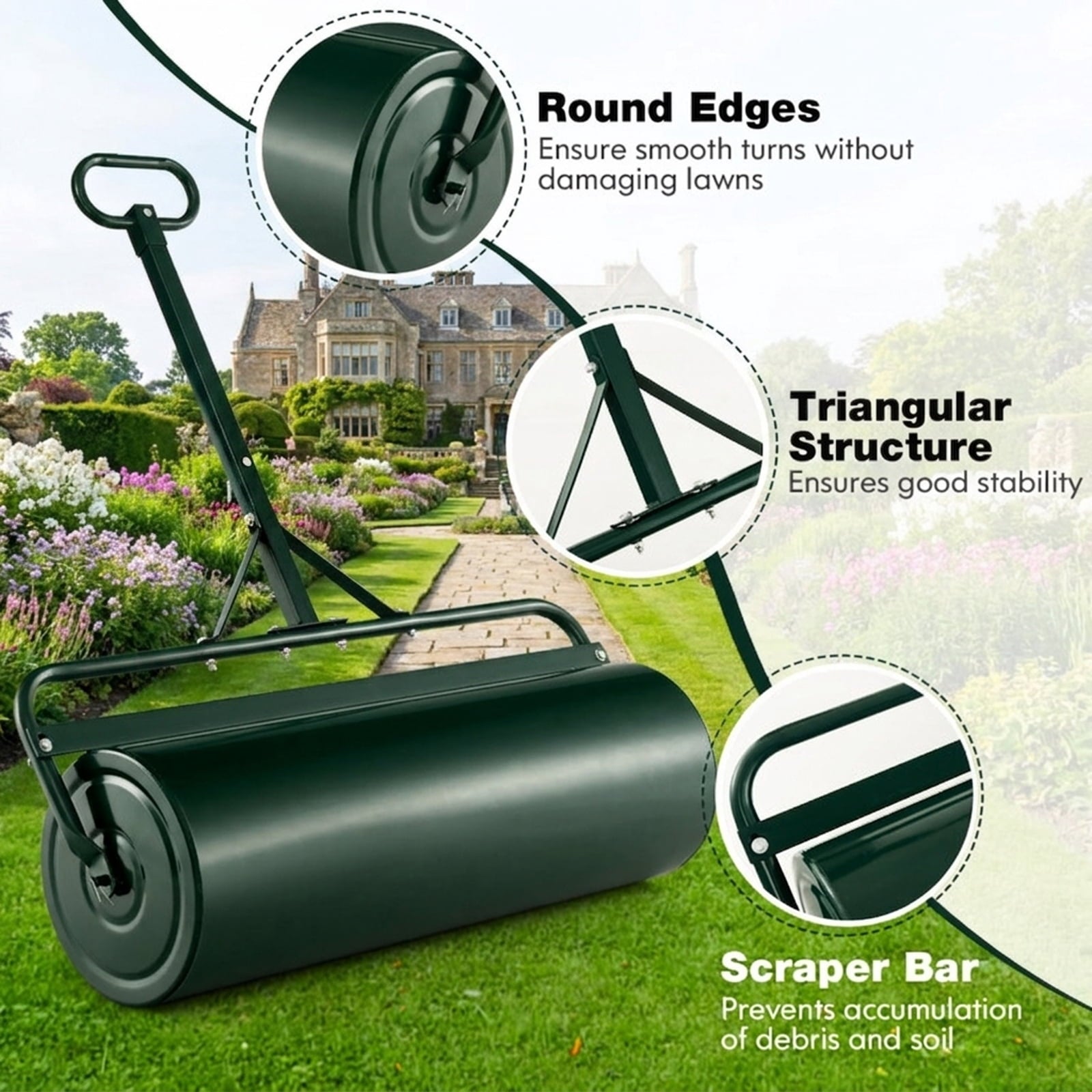 Biotree 39 Inch Wide Push/Tow Lawn Roller for Lawn Garden Yard Soil Care, Green