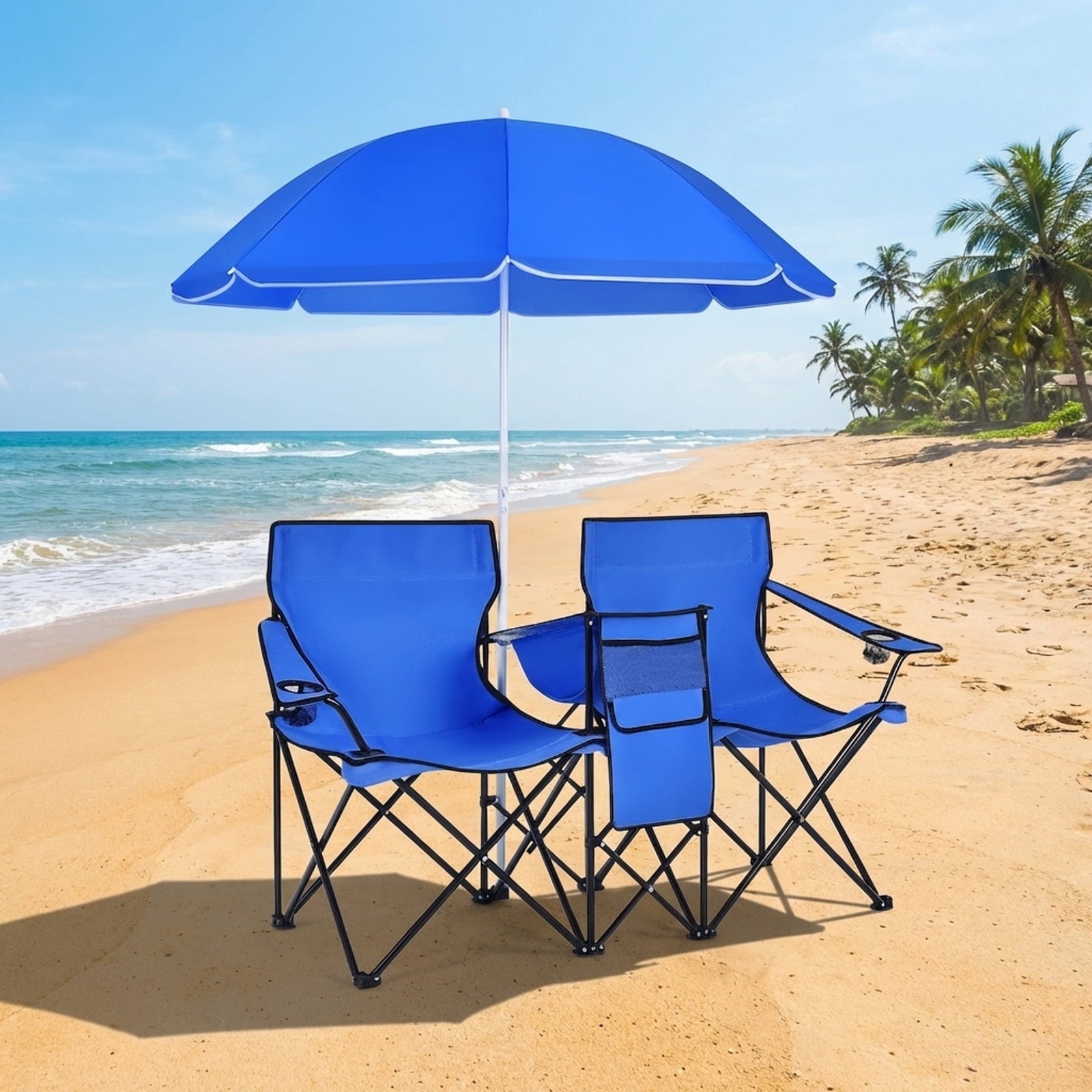 Biotree Double Camping Chair with Removable Umbrella Portable Folding Loveseat with Cooler Bag and Cup Holders for Beach Picnic, Blue