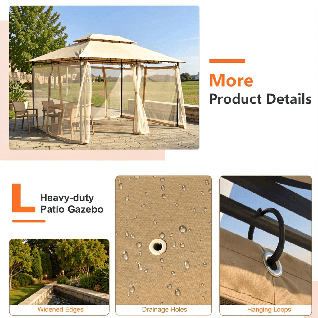Biotree 10 Feet x 13 Feet Tent Canopy Shelter with Removable Netting Sidewall Brown - Outdoor Patio Backyard Garden Shade Canopy Shelter